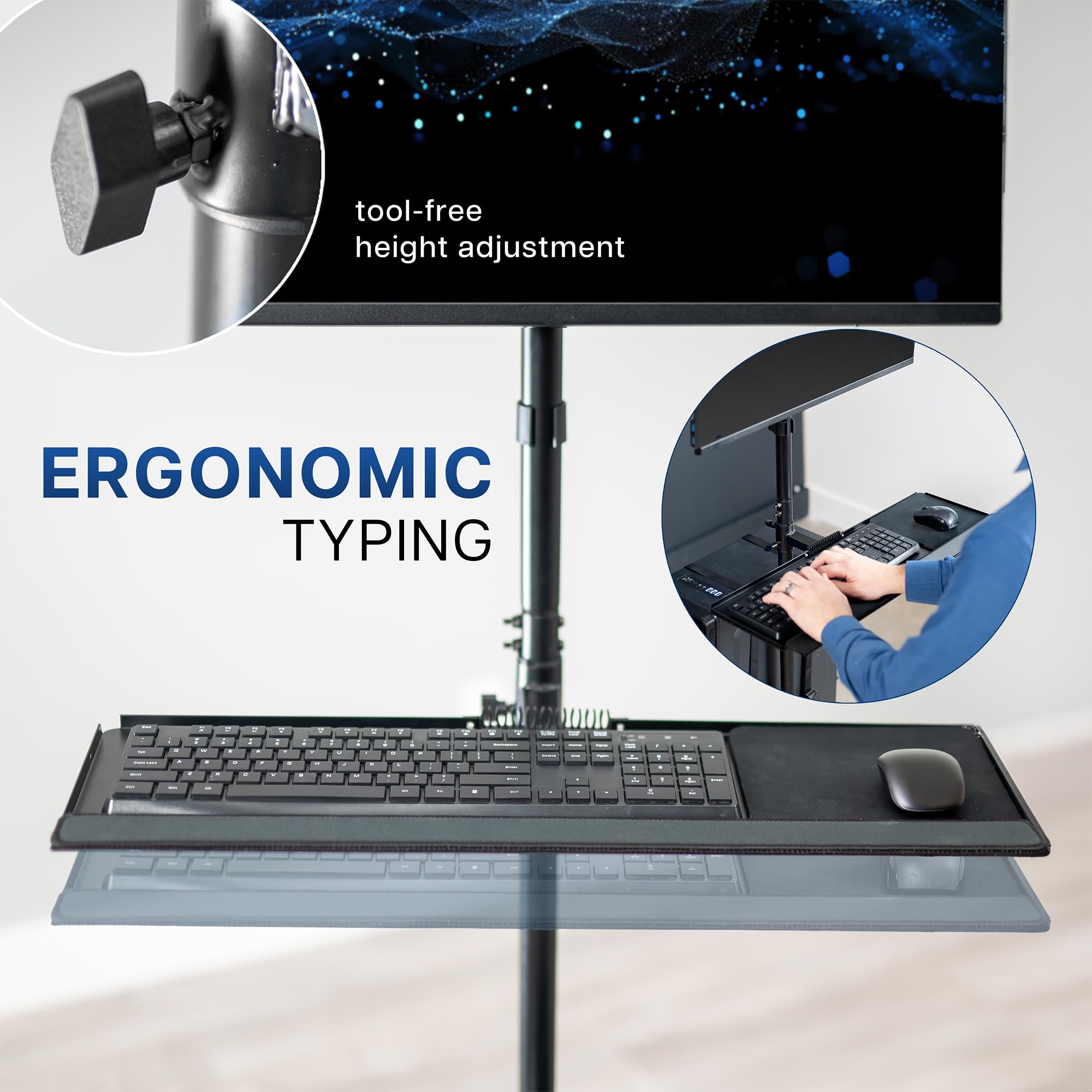 VIVO Mobile Computer Cart with Monitor Mount for up to 32” Screens, Rolling PC Desk Workstation with Full Keyboard Tray & Adjustable CPU Holder - Black (CART-PC02T) | Ideal for Office, Hospital, Classroom & Home Workspace Setup