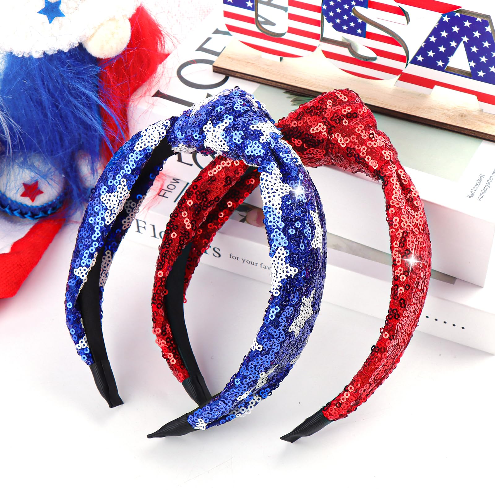 4th of July Sequin Knotted Headbands for Women - Patriotic Red & Blue Sparkly Hair Accessories, Glitter Headbands for Girls, Fashion Gifts for Independence Day - Perfect for Parties, Parades & Festive Celebrations