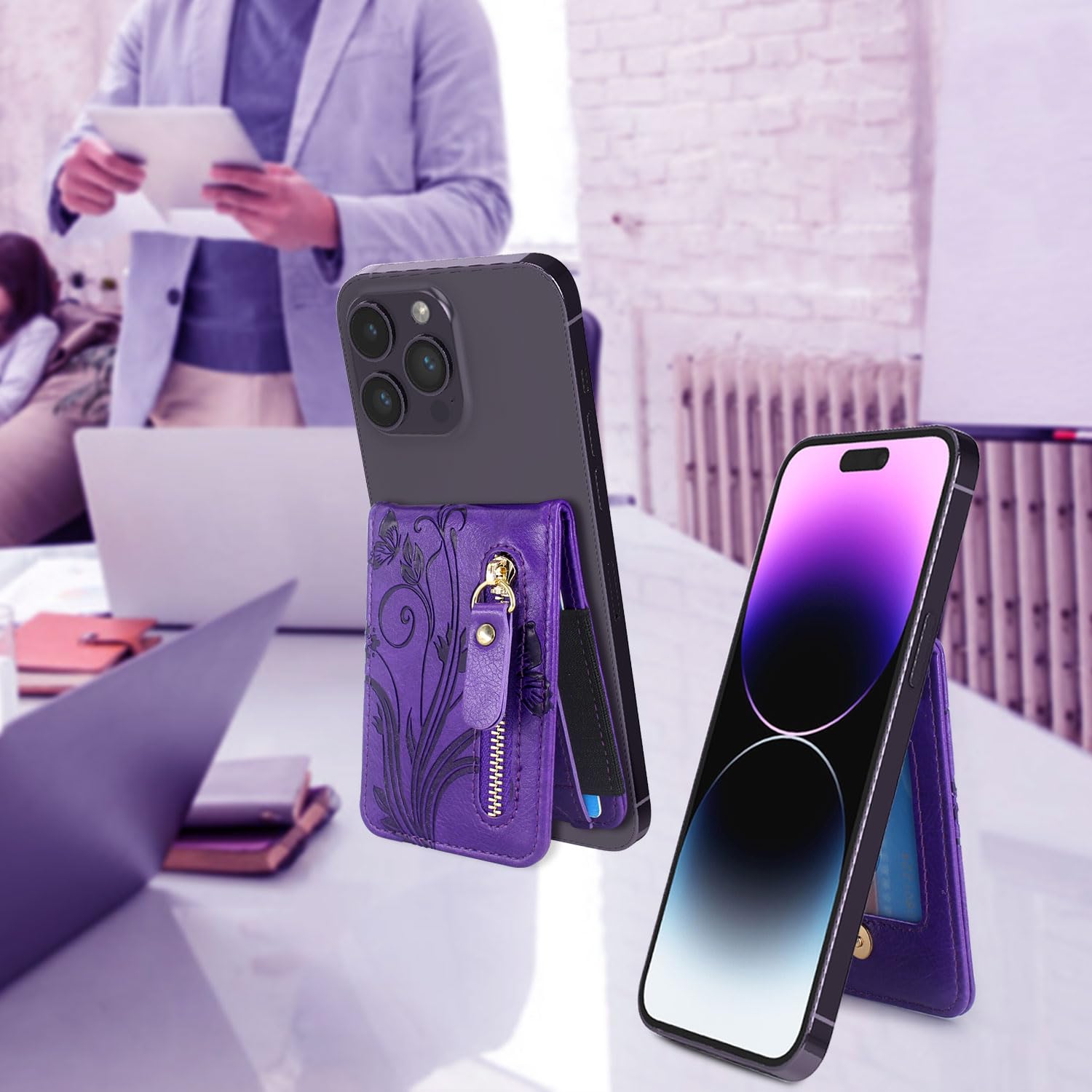Stick-on Zipper Card Holder with Kickstand for iPhone, Samsung, Moto & Most Phones - Butterfly Purple | Adhesive Back Phone Wallet for Credit Cards & ID | Perfect for Travel, Shopping & Everyday Use