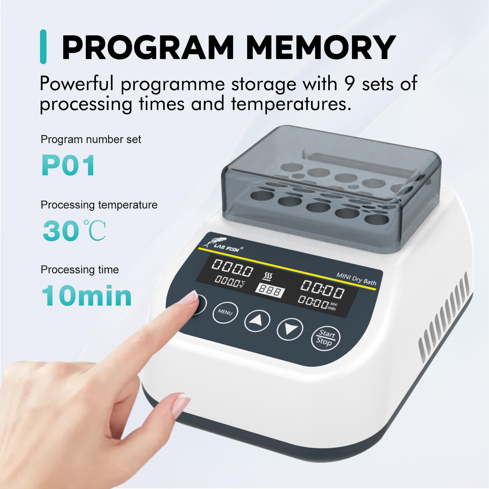 LAB FISH Mini Digital Dry Bath Incubator - Programmable Thermostatic Heater with Timer | 2ml x 15 Centrifuge Tubes Block for PCR, DNA, RNA Sample Preparation - Ideal for Laboratory, Research & Clinical Diagnostics