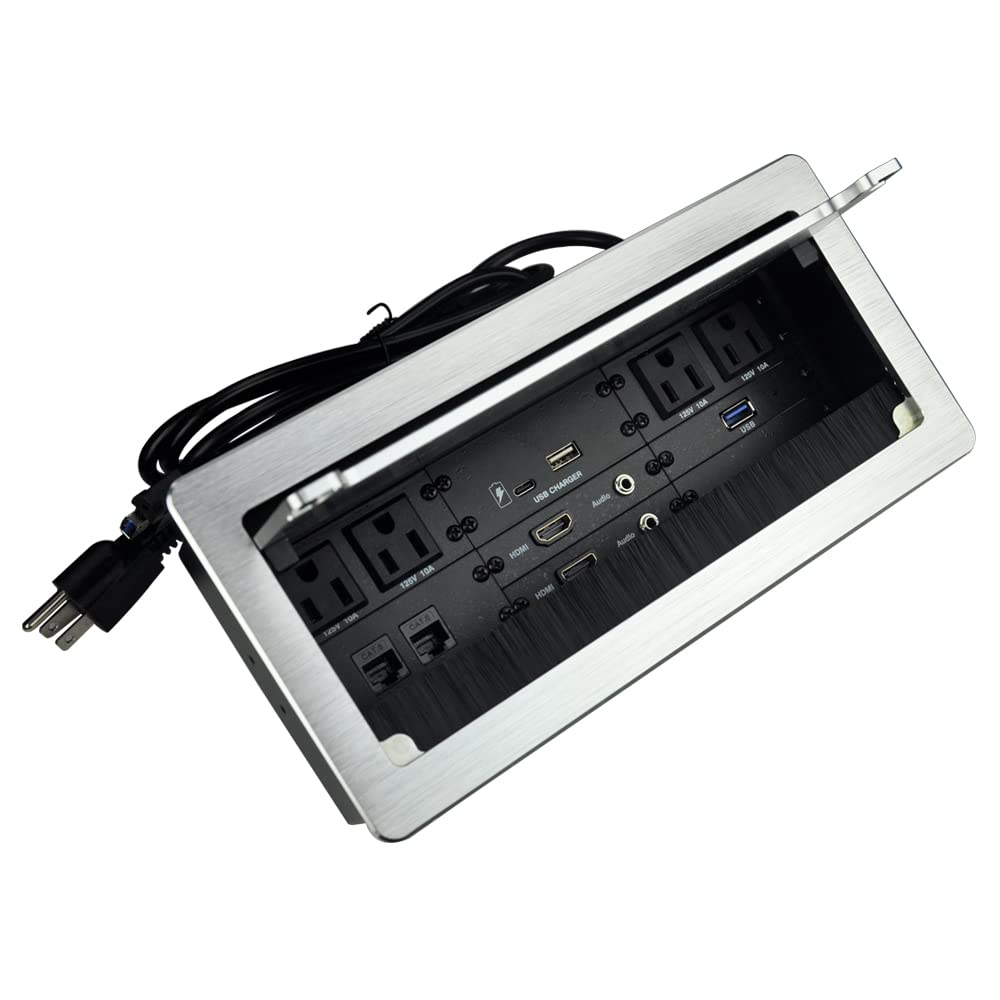 4-in-1 Connectivity Hub with 4 AC Outlets, 2 HDMI Ports, 2 Audio Jacks, 2 LAN Ports, USB-A/C Charging & USB 3.0 Data - 5.58ft Power Cord for Conference Rooms & Home Offices (Silver) - Perfect for Video Conferencing, Presentations & Multi-Device Charging