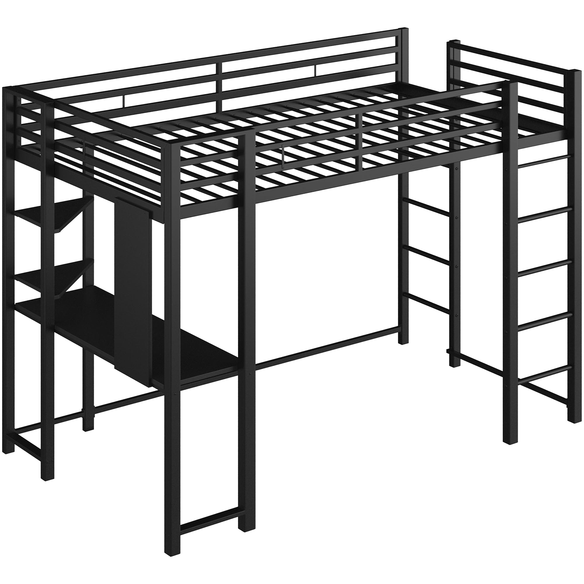 Shintenchi Twin Size Loft Bed with Desk & Storage Shelves - Sturdy Space-Saving Bed Frame for Kids, Teens & Adults - Anti-Tilt Quiet Design with 2 Ladders - Perfect for Small Bedrooms, Dorms & Studio Apartments (Black)