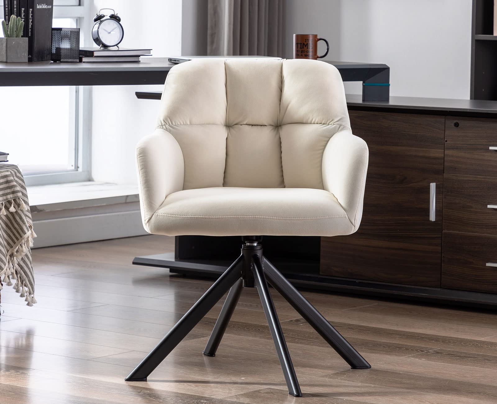 Velvet Swivel Accent Chair with Armrests - Mid Back Upholstered Desk Chair for Small Spaces, No Wheels - Perfect for Home Office, Bedroom, Living Room & Vanity Reading (White)