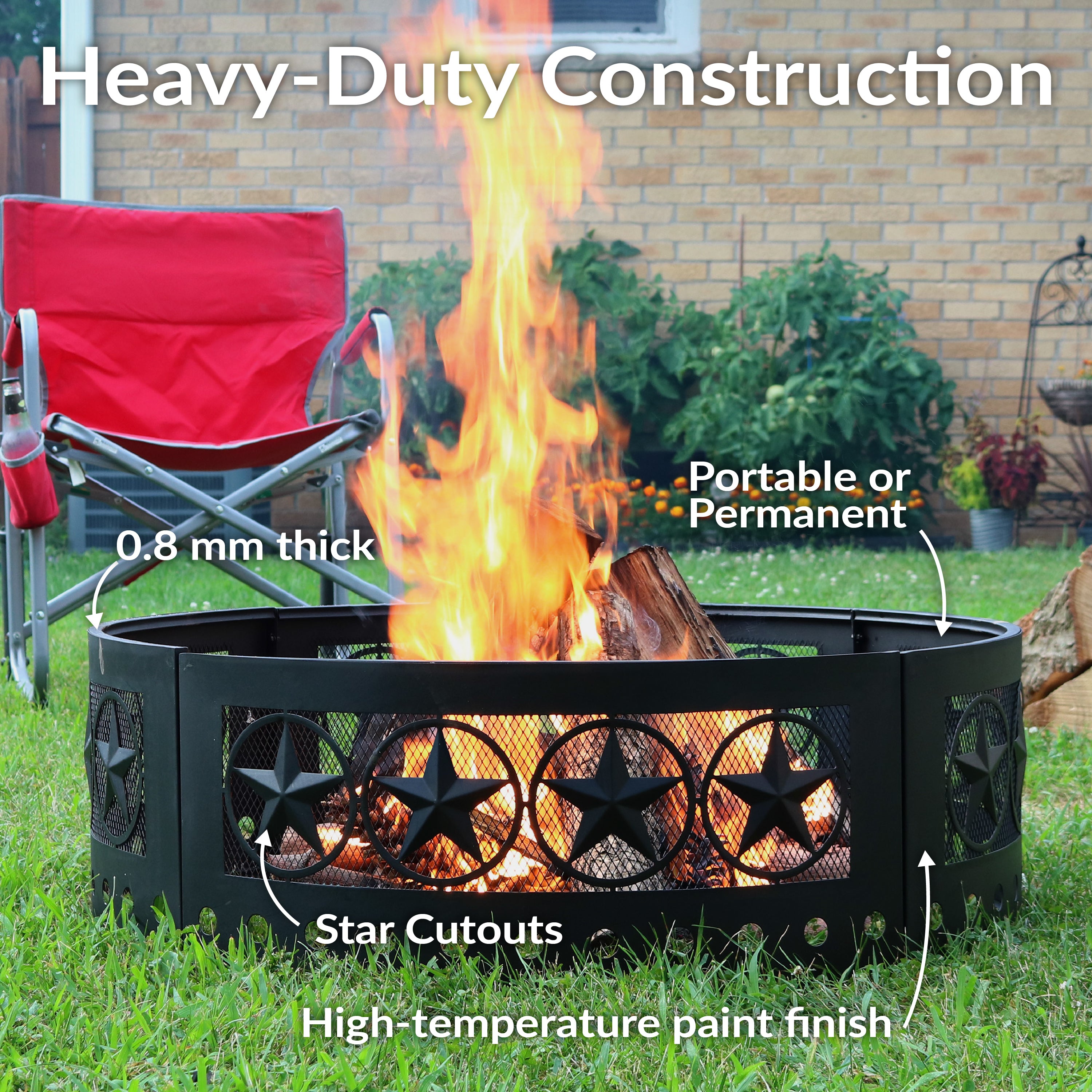 Heavy Duty 36-Inch Four Star Campfire Ring by Sunnydaze - Perfect for Backyard Bonfires, Camping & Outdoor Gatherings