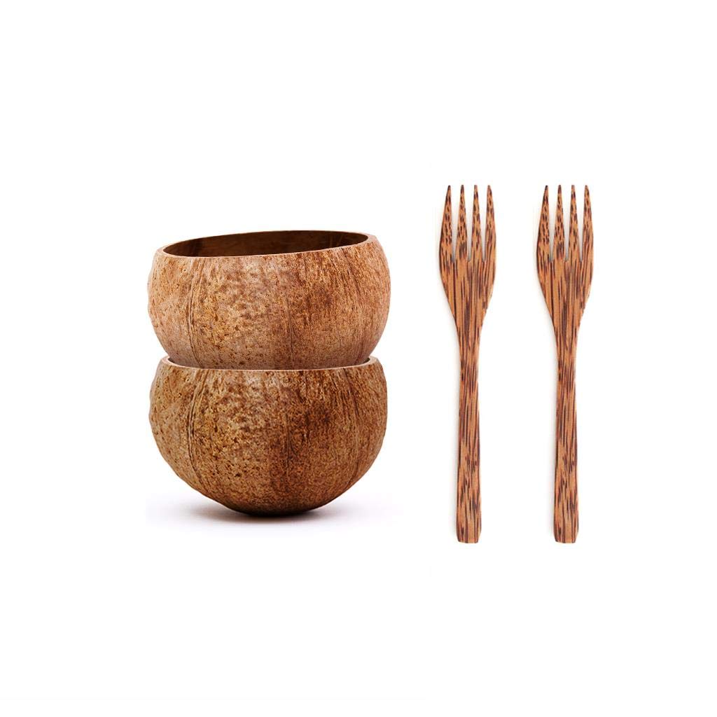 2 Eco-Friendly Raw Coconut Bowls (Small) with 2 Coconut Wood Forks - 100% Natural Organic Kitchen Set - Handcrafted from Reclaimed Coconut Shells - Perfect for Smoothie Bowls, Acai Bowls, Salads & Vegan Meals
