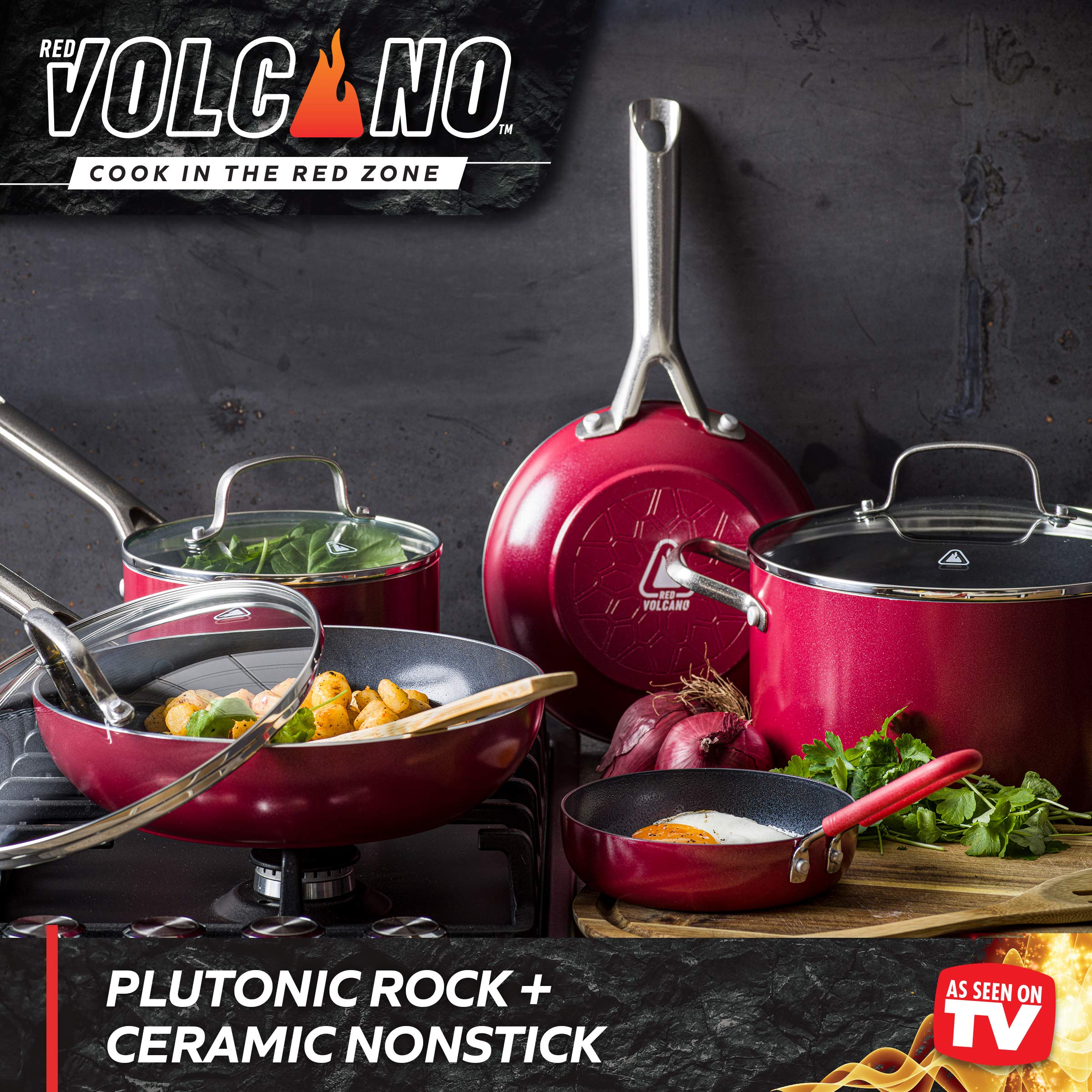 10-Piece Textured Ceramic Nonstick Cookware Set with Stainless Steel Handles - PFAS, PFOA & PTFE Free - Dishwasher & Oven Safe up to 600°F - Red - Perfect for Frying, Sautéing, Baking & Everyday Cooking