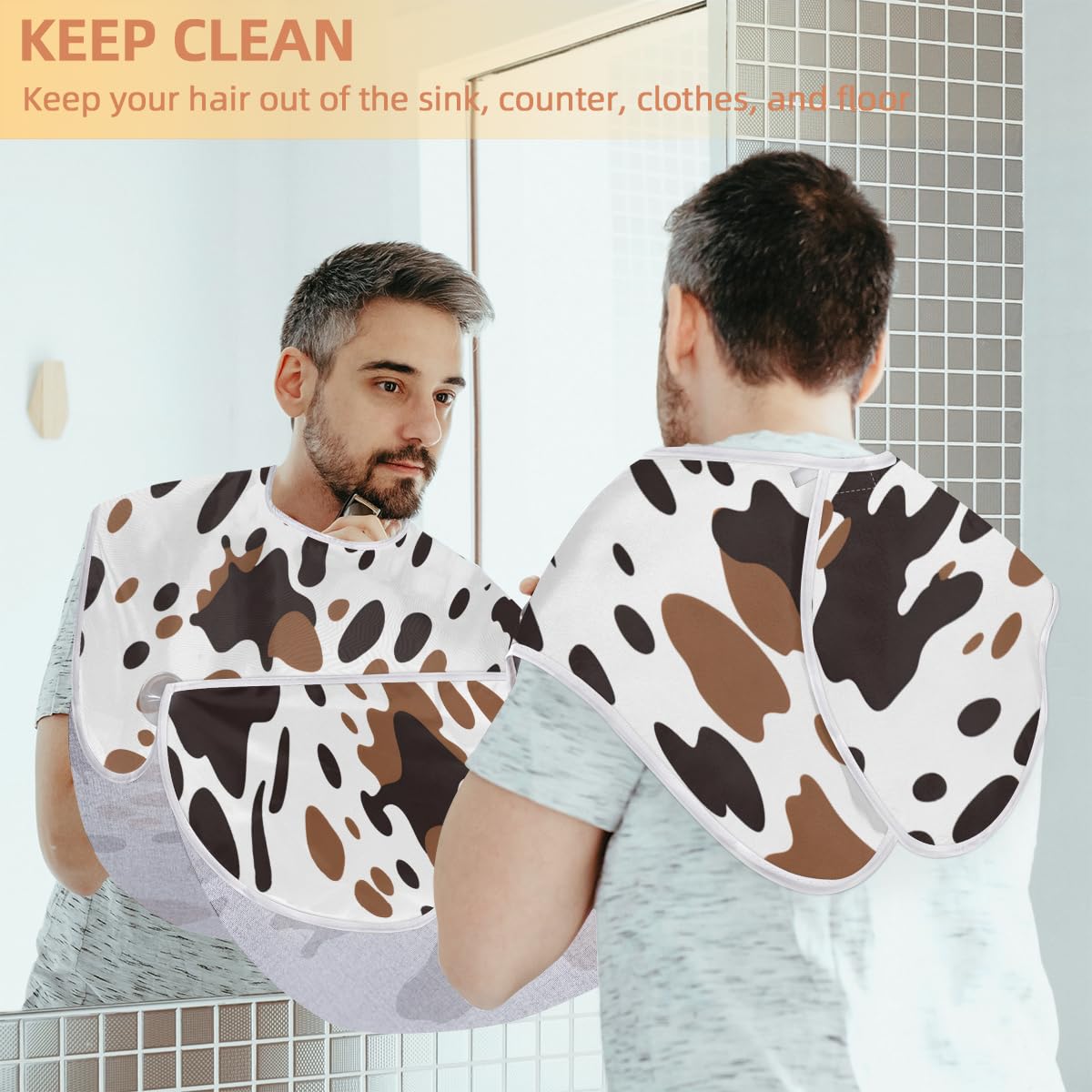 Men's Cow Print Shaving Bib - Waterproof Beard Trimming Apron for Barbers & Grooming | Hair Dye & Makeup Protective Cape | Sink Hair Catcher & Styling Tool - Perfect for Home Grooming & Salon Use
