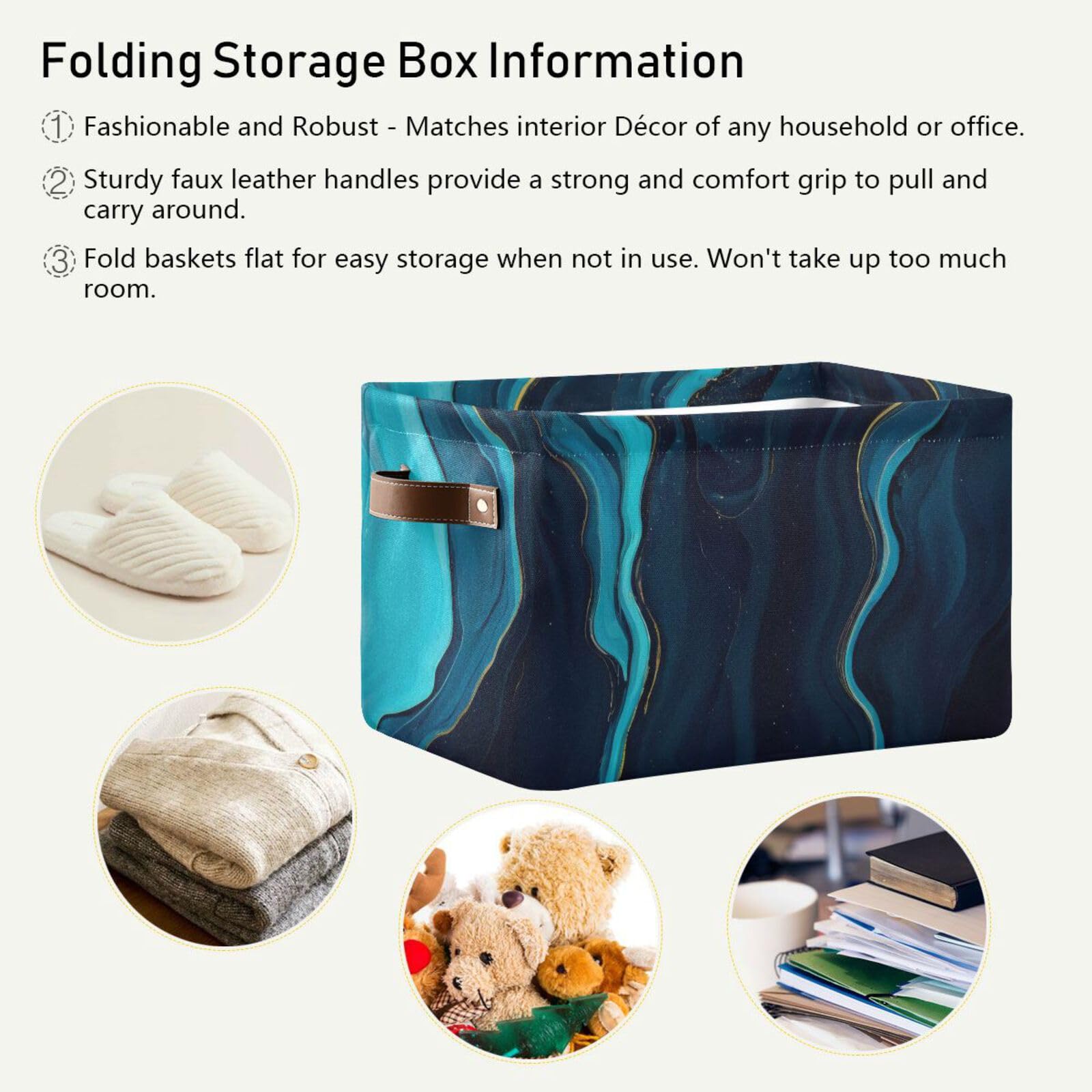 Blue Marble Storage Baskets - Collapsible Rectangular Canvas Fabric Storage Bin for Home Organization, Closet, Nursery & Office (Set of 2) - Space Saving Home Decor & Storage Solution
