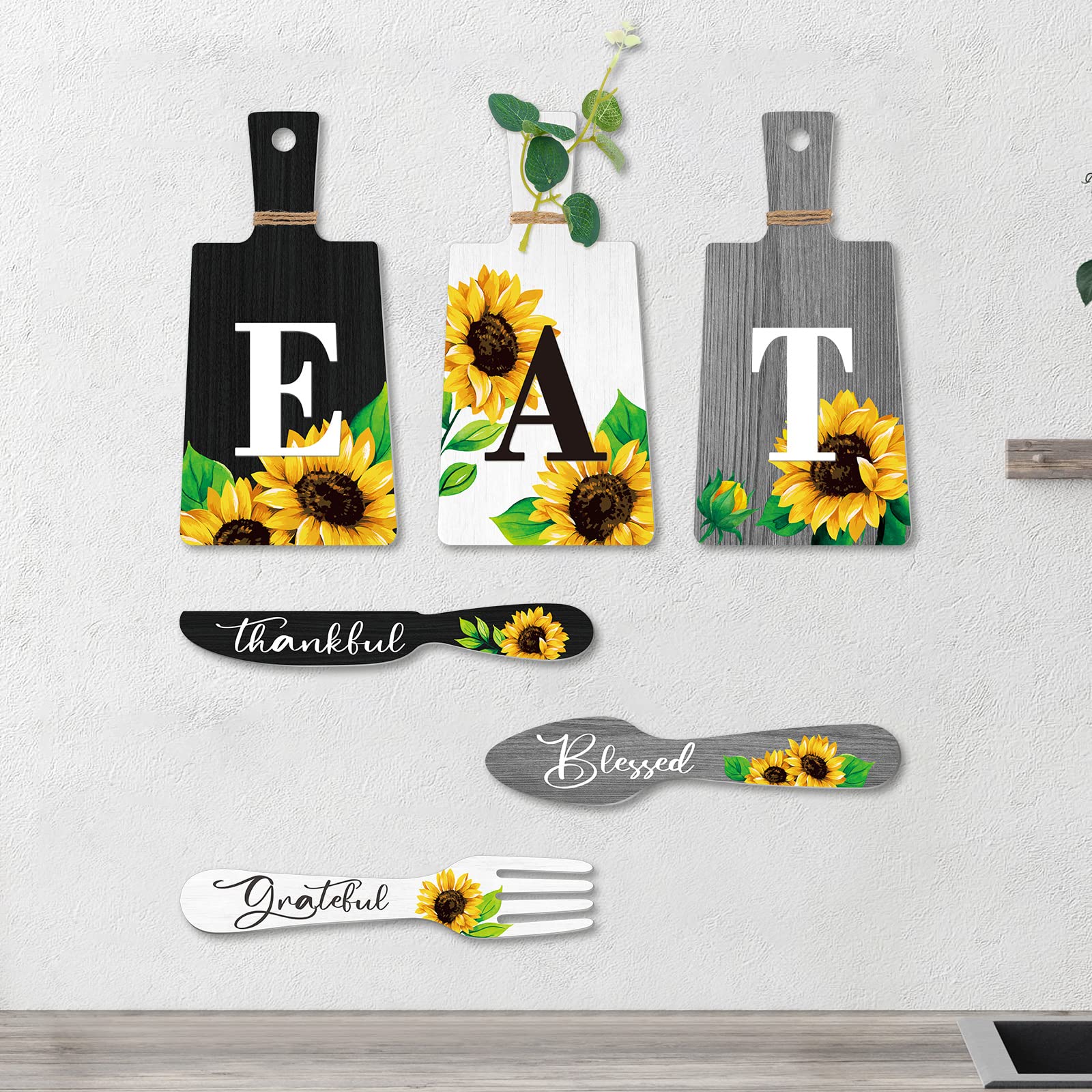 Bucherry Set of 6 Sunflower Kitchen Wall Decor - Wooden Fork and Spoon Wall Hanging Plaques with Eat Signs - Farmhouse Style Kitchen Accessories for Dining Room, Country Kitchen, and Rustic Home Decor