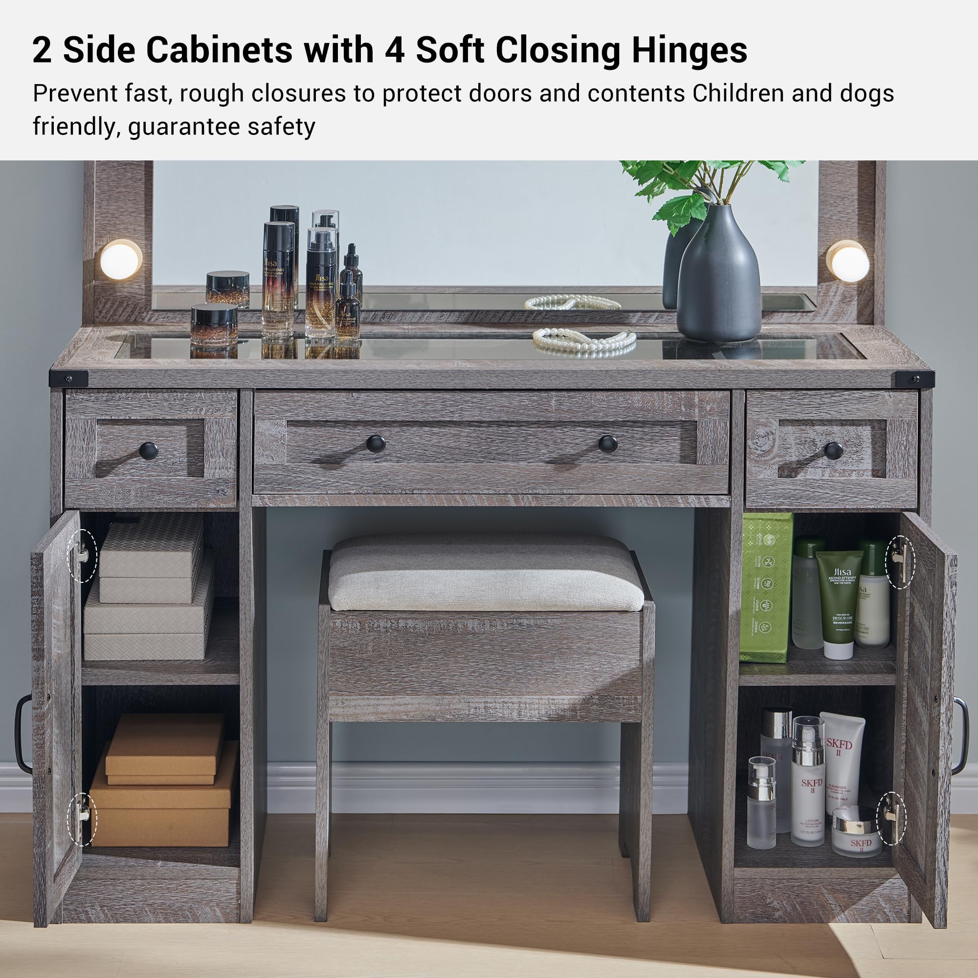 Farmhouse Makeup Vanity Desk with Mirror and Lights - 43