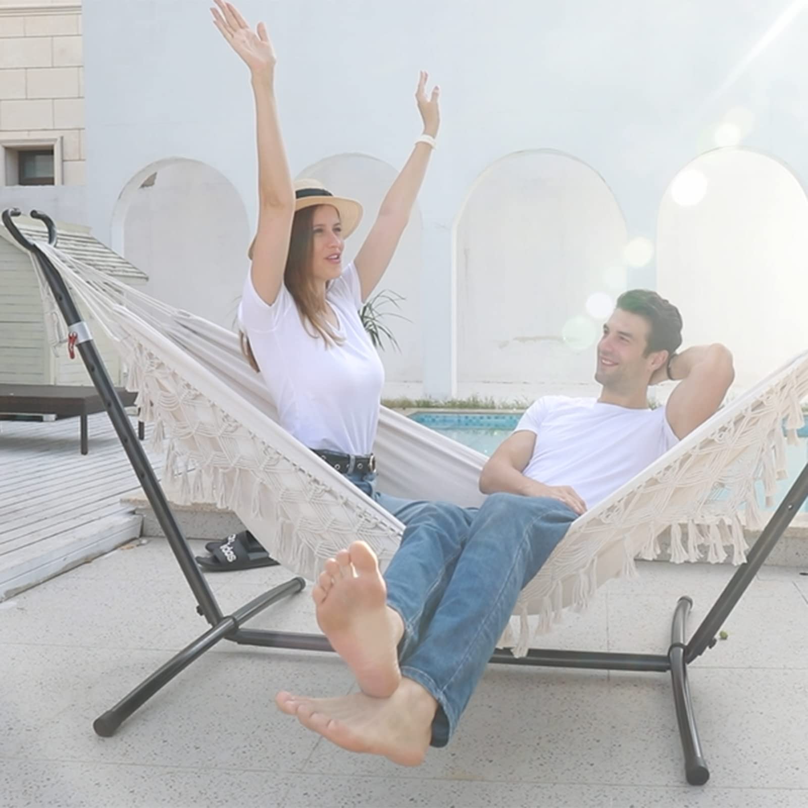 Premium Double Hammock with Stand - Heavy Duty Stainless Steel Frame, Upgraded Phone Holder & Carrying Case - Indoor/Outdoor Use for Patio, Yard, Beach & Camping (2022 Beige)
