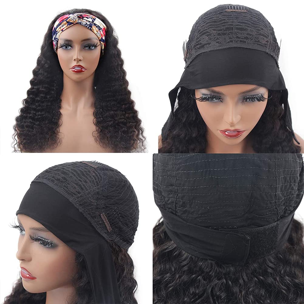 Headband Wigs Human Hair Deep Wave - 16 Inch Glueless Curly Half Wigs for Women | 180% Density Machine Made Natural Color Wig | Perfect for Daily Wear, Parties & Cosplay