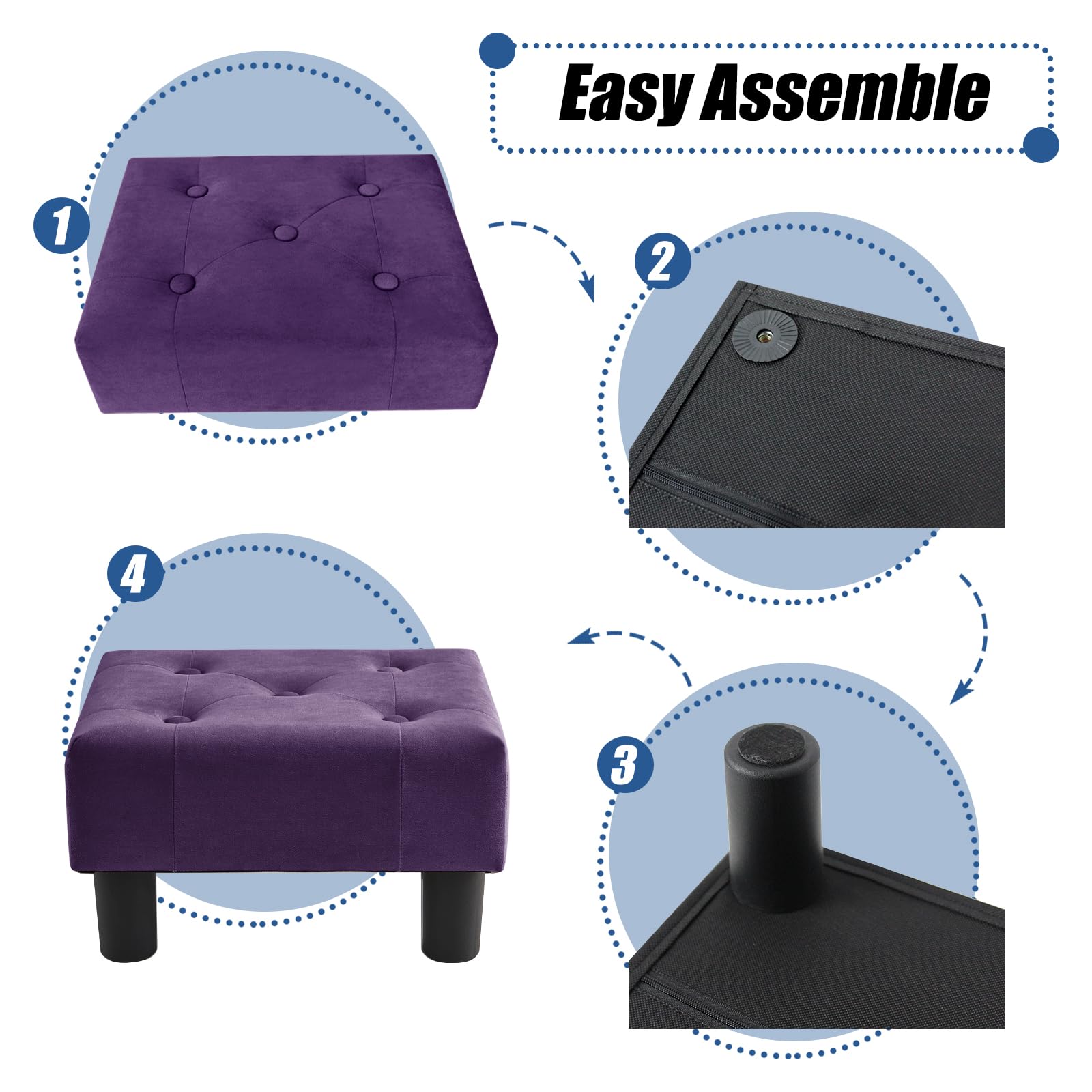 BRIAN & DANY Velvet Foot Stool with Sturdy Legs - Small Ottoman for Living Room, Bedroom & Office - Soft Purple Accent Stool for Extra Seating or Footrest