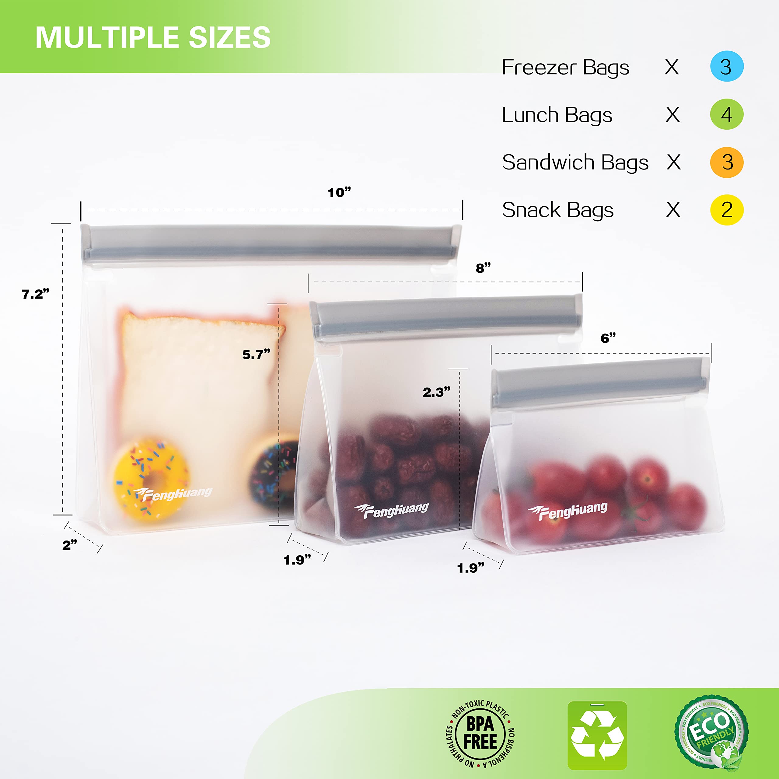 12 Pack Reusable Food Storage Bags - Extra Thick Leakproof Freezer Bags for Meal Prep, Snacks & Leftovers | Eco-Friendly Stand Up Containers for Kitchen & On-the-Go Use
