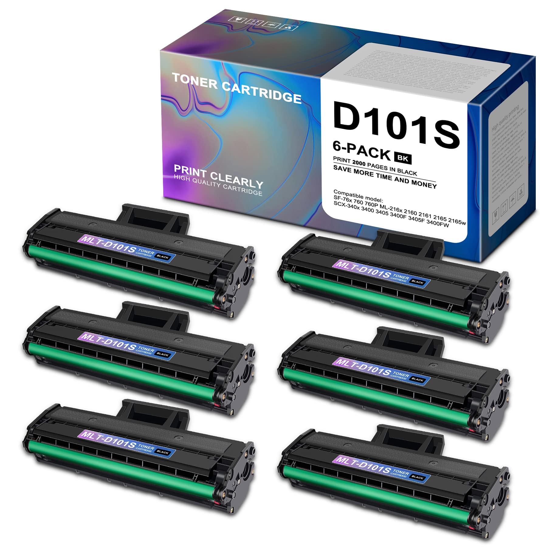 6-Pack Black MLT-D101S Toner Cartridge for Samsung Printers - Office & Home Use