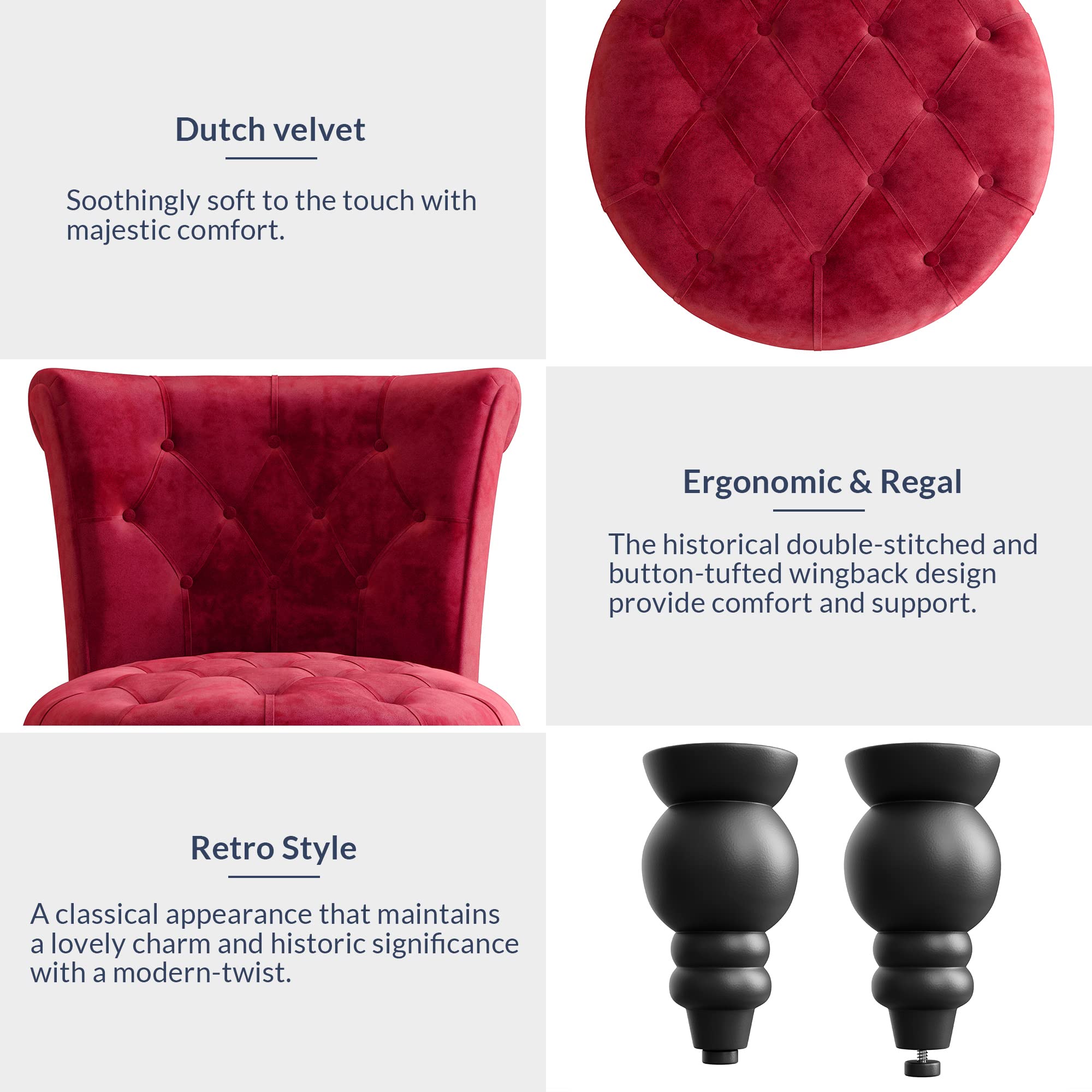 BELLEZE Throne Royal Velvet Accent Chair - Button-Tufted Upholstered Armless Low Back Chair with Thick Padding & Rubberwood Legs - Perfect for Living Room, Bedroom, or Office Decor (Red, Malik)