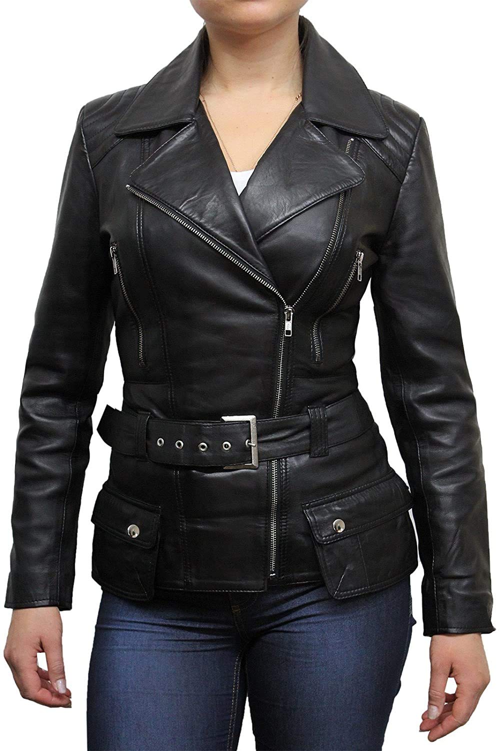 BRANDSLOCK Women's Classic Leather Biker Jacket - Genuine Leather Motorcycle Jacket for Women - Stylish Outerwear for Riding, Casual Wear & Night Out