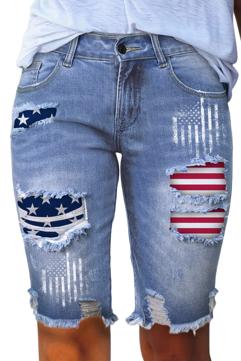 Sidefeel Women's Distressed Denim Bermuda Shorts with Raw Hem - Casual Summer Outfit, Beachwear & Street Style Fashion