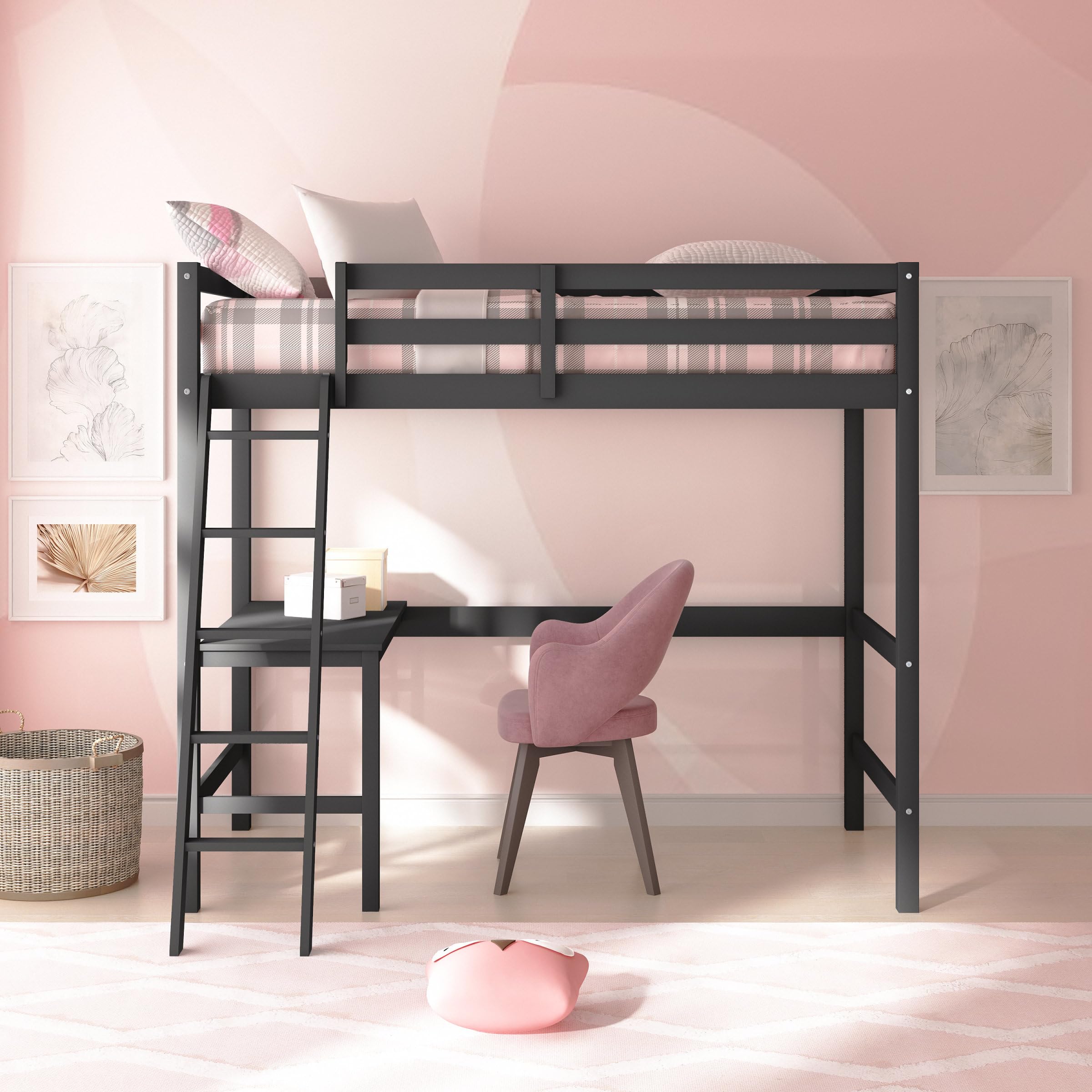 Hillsdale Caspian Youth Solid Wood Twin Loft Bed for Kids Room - Sturdy Black Wooden Bunk Bed with Ladder | Perfect for Small Spaces, Dorm Rooms & Kids Bedrooms