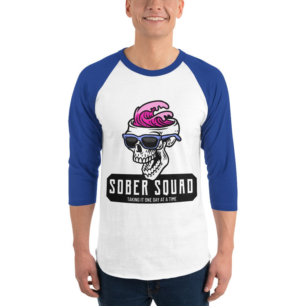 Sober Squad 3/4 Sleeve Raglan T-Shirt with Skull Wave Print - Comfortable Baseball Tee for Casual Wear, Gym & Street Fashion