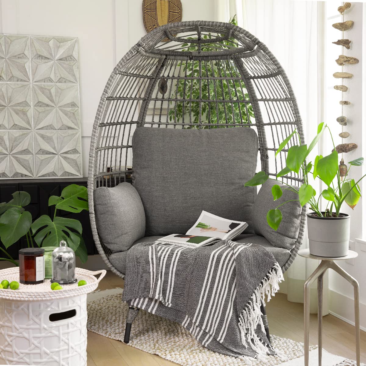 Barton Oversized Egg Style Wicker Chair with Canopy & Cushions - Grey Patio Lounge Basket Chair for Outdoor Relaxation, Garden, Poolside or Balcony