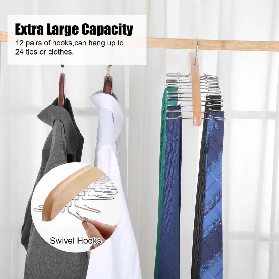 Premium Wooden Tie Hanger Rack – 360° Rotating Tie Organizer with 24 Folding Hooks (2 Pack) | Space-Saving Closet Storage for Men's Ties, Belts & Scarves | Perfect for Home, Office & Travel Organization