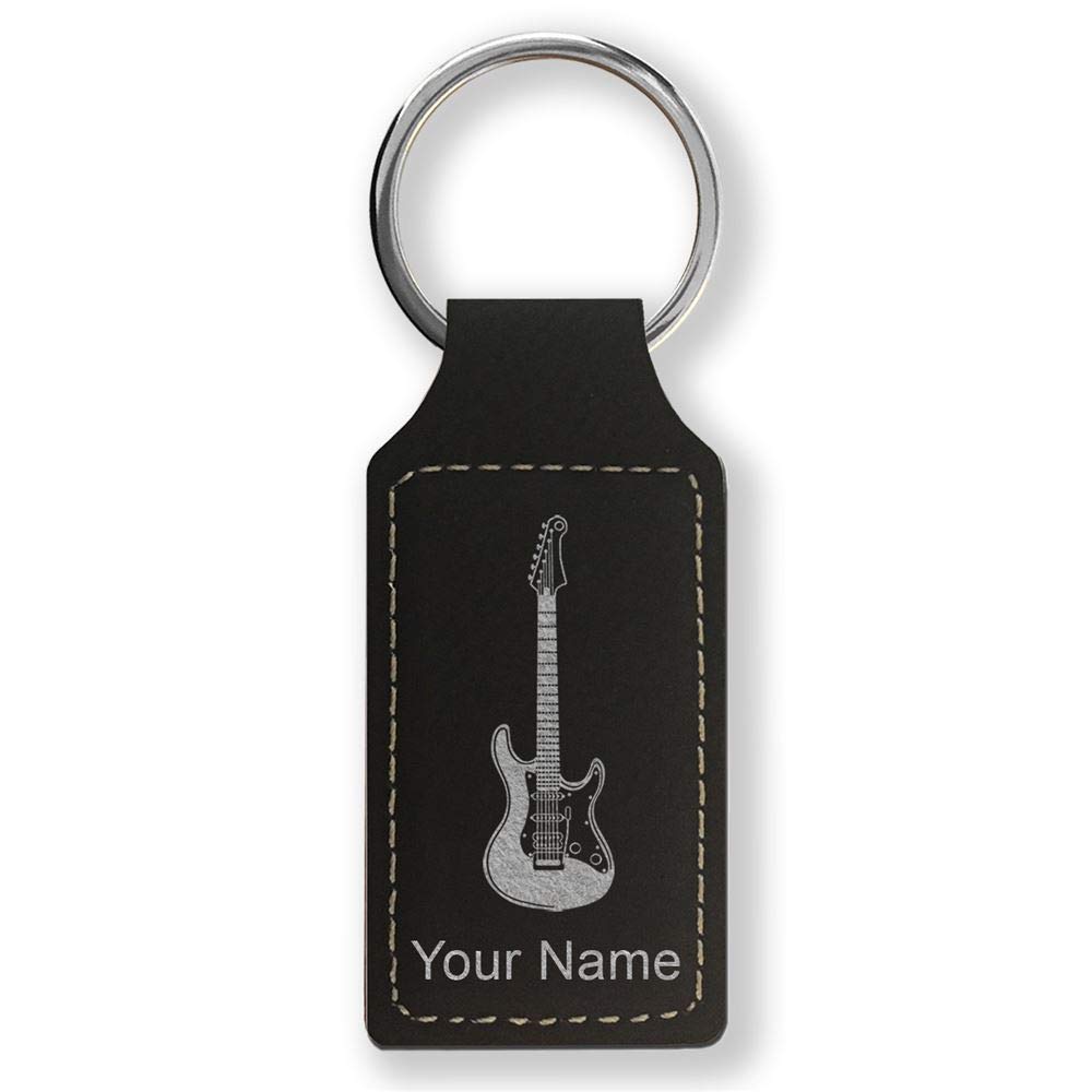 Custom Engraved Electric Guitar LaserGram Rectangle Keychain - Black & Silver Metal Keyring for Musicians & Guitar Lovers | Perfect Gift for Birthdays, Concerts & Music Events