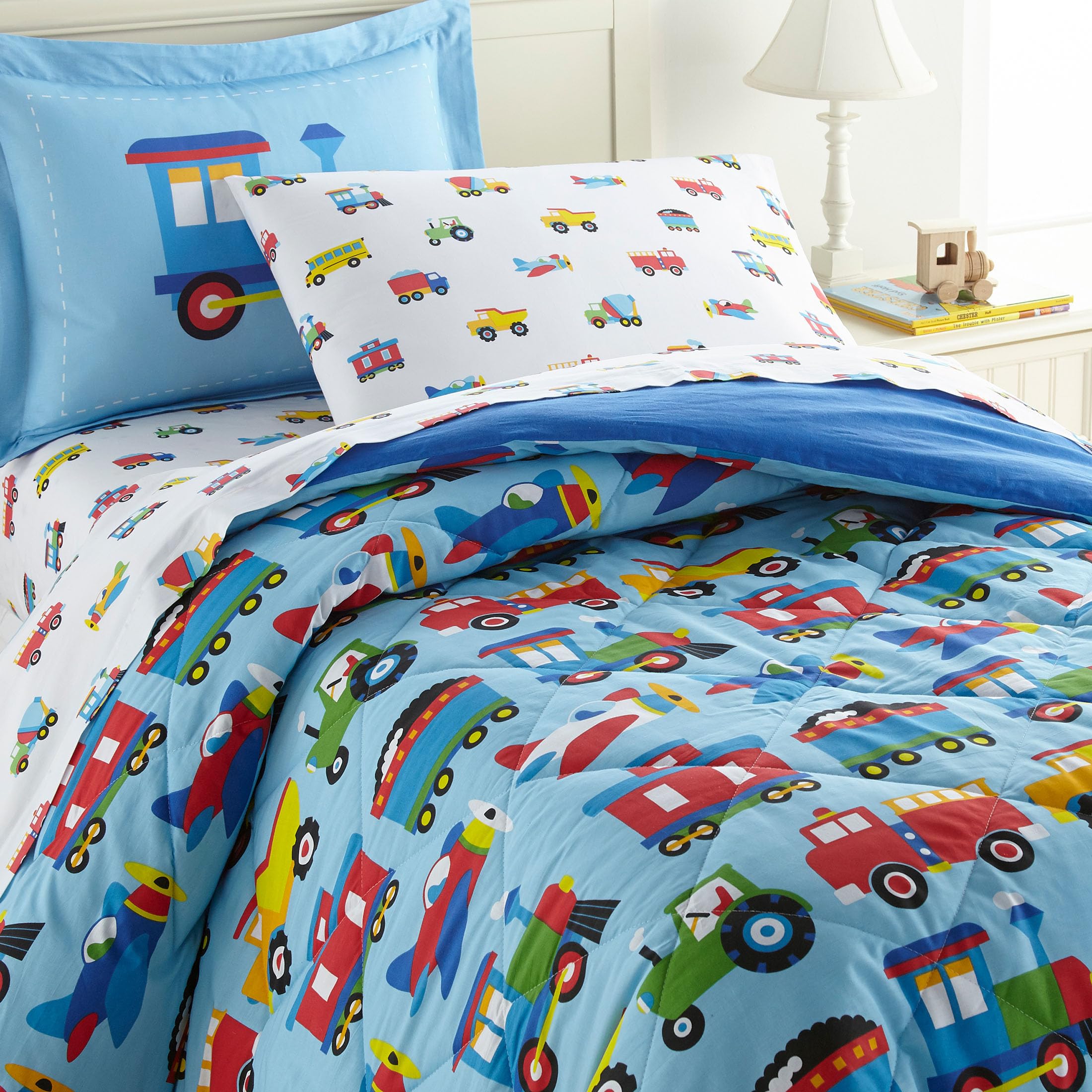 Wildkin 7-Piece Full Bedding Set – 100% Cotton Comforter, Sheets & Pillowcase for Boys | Soft & Breathable Train Airplane Truck Design | Perfect for Kids Bedroom, Sleepovers & Cozy Nights