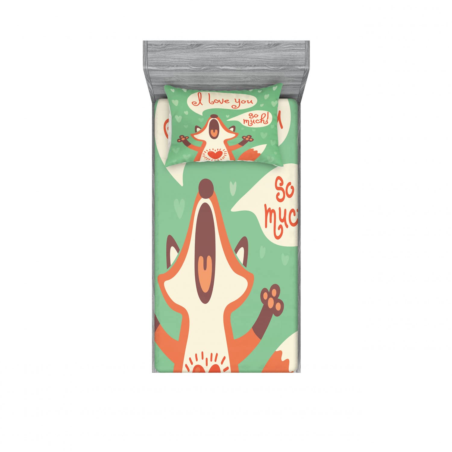 Ambesonne 2-Piece Twin XL Fitted Sheet & Pillow Sham Set - Fox Humor Romance Design, 4-PC Bedding Collection in Mint Green & Ginger | Soft Microfiber Sheets for Guest Rooms, Dorms & Cozy Bedroom Decor