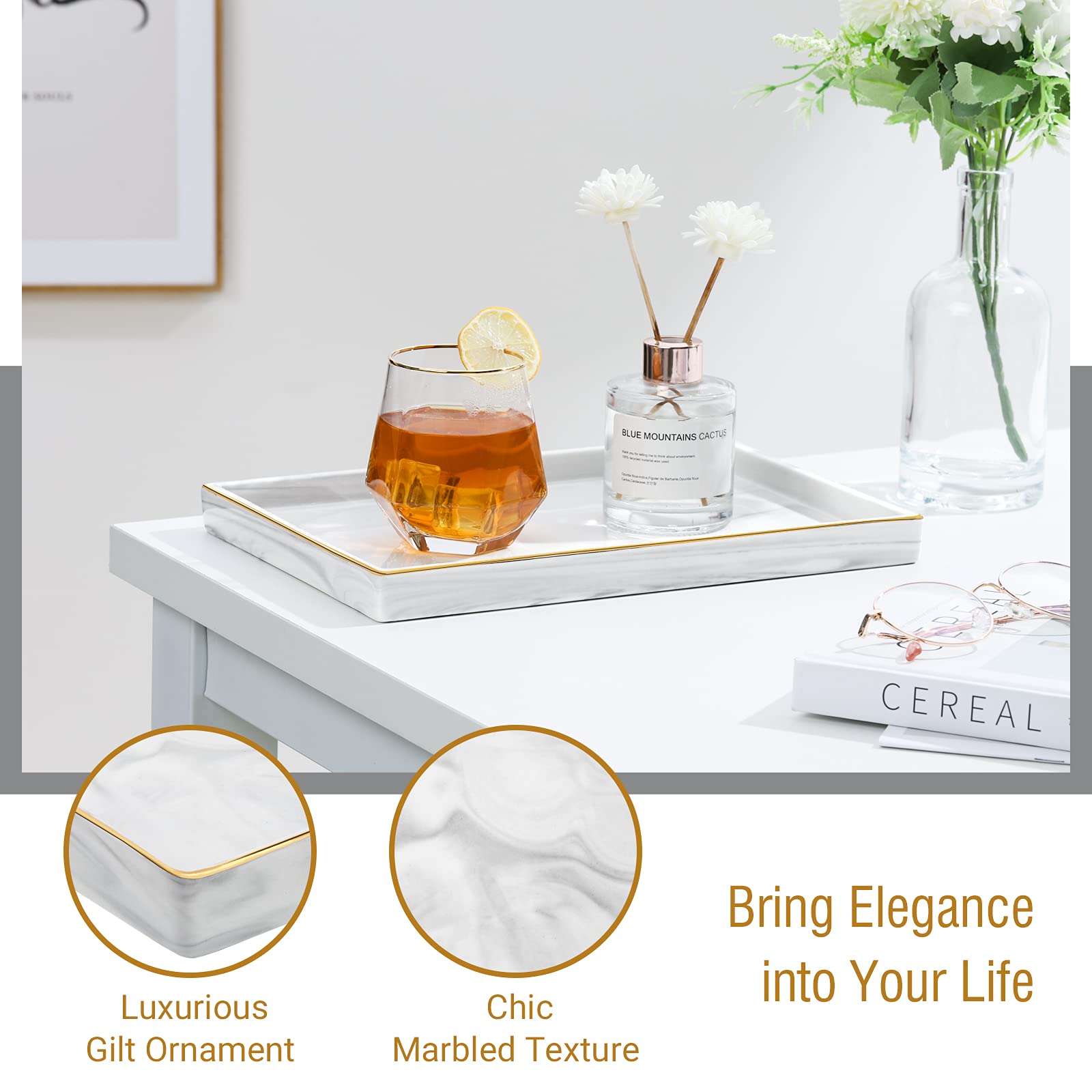 Shinowa Ceramic Vanity Tray - Marble Finish Rectangle Perfume & Jewelry Organizer for Bathroom Countertop, Dresser, Living Room & Kitchen - Large White Decorative Tray (Perfect for Organizing Fragrances, Cosmetics & Accessories)