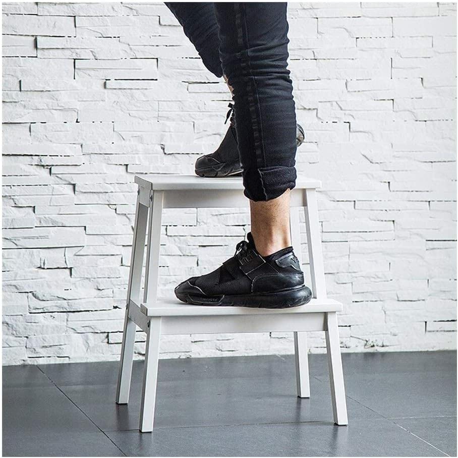 Lightweight Wooden 2-Step Ladder Stool, Portable Multipurpose Step Stool Chair with Fashionable Simple Design - White (M17N) | Perfect for Kitchen, Bathroom, and Home Organization
