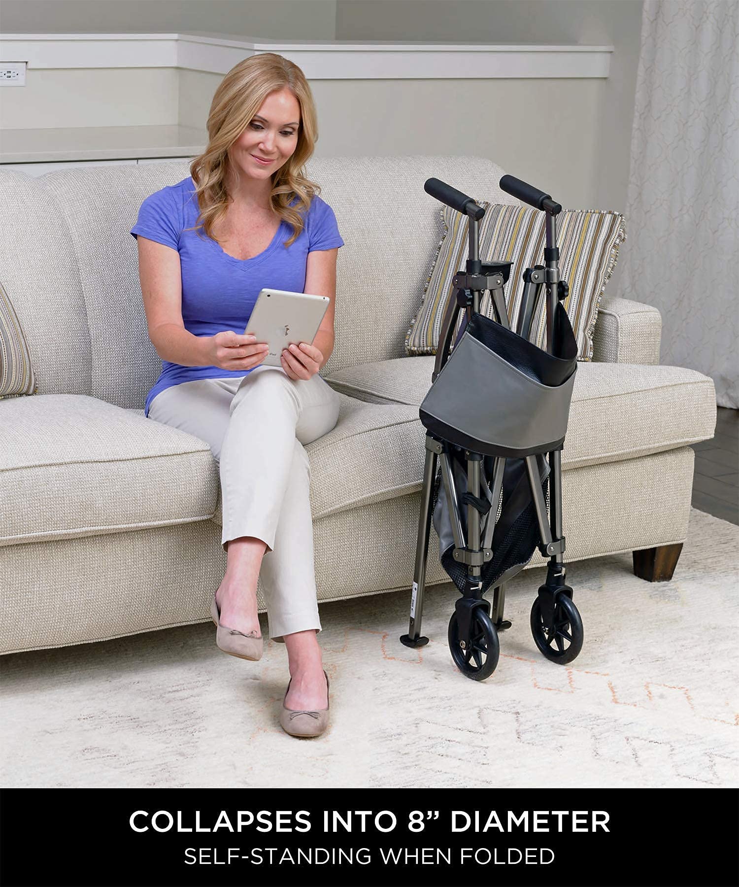 Signature Life Elite Travel Walker - Lightweight Folding Rolling Walker with Swivel Wheels for Adults & Seniors | Adjustable Height, Ski Glides & Storage Pouch | Ideal for Travel, Rehab & Daily Mobility Assistance
