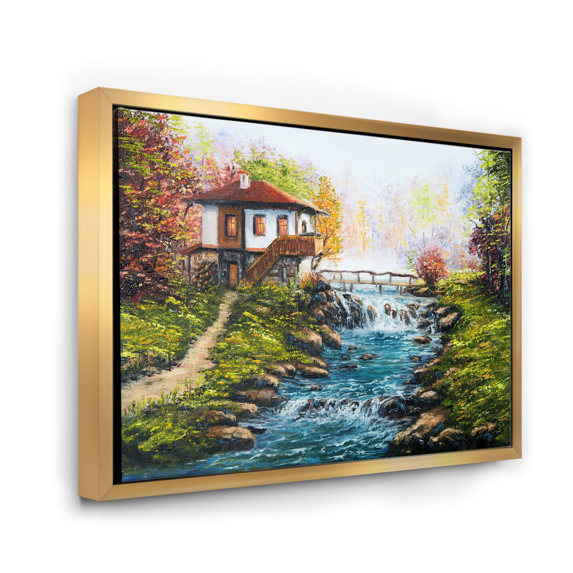 Traditional Bulgarian House and River - Lake House Framed Canvas Wall Art Print | Home Decor for Living Room, Bedroom & Office | Scenic Landscape Painting for Rustic & Farmhouse Style