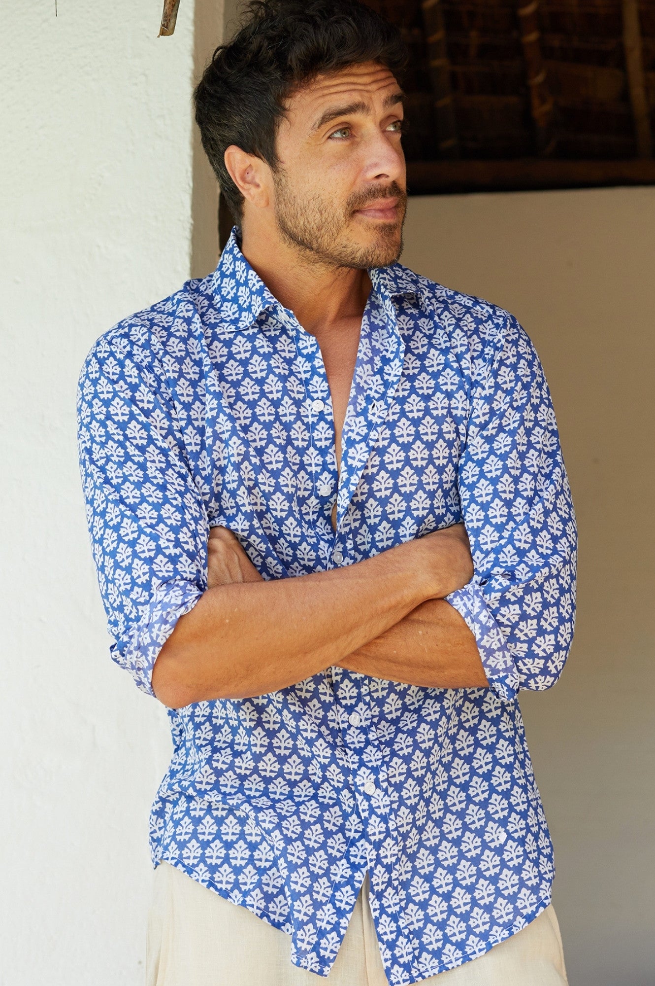 Stylish Men's Batik Print Cotton Shirt - Blue and White Casual Button Down Shirt for Summer, Beach & Vacation Wear