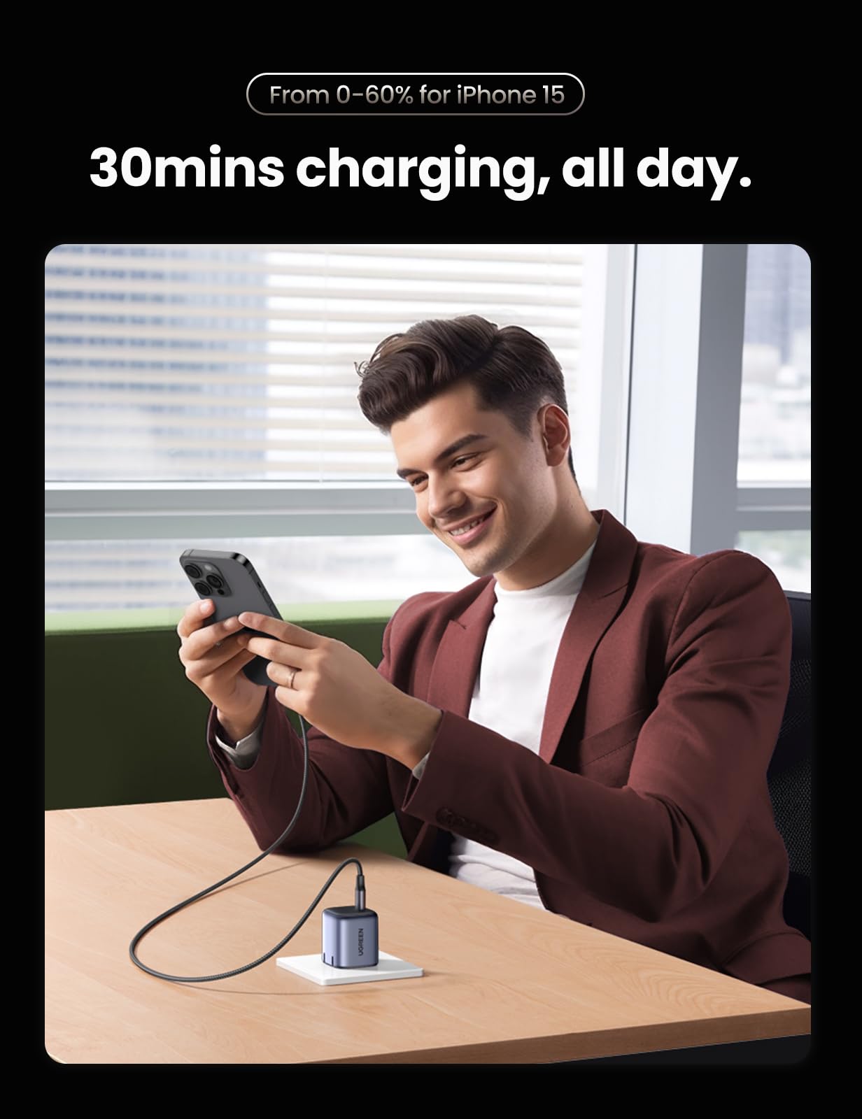 UGREEN Nexode 30W GaN Fast USB C Charger with 60W Cable - Compact PD PPS Charger for iPhone 14/13 Pro, Galaxy S23, Pixel 7 Pro, iPad Pro - Fast Charging for Home, Office & Travel