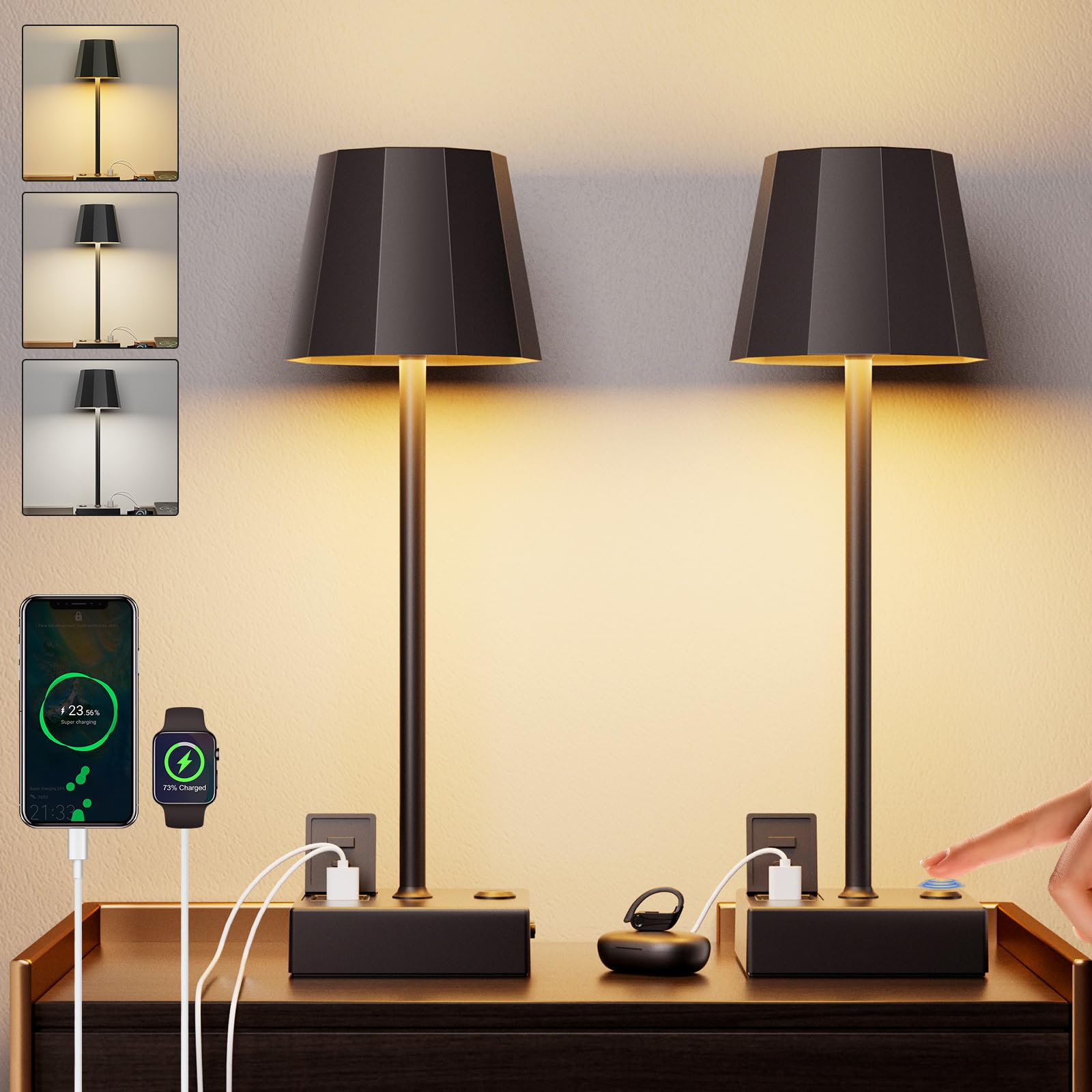 Rechargeable LED Table Lamp Set of 2 - 8000mAh Battery Operated Cordless Desk Lamp with USB Ports & Touch Control, 3-Color Stepless Dimming Night Light for Bedroom, Office, Restaurant, Bar, Camping - Perfect for Reading, Working & Ambient Lighting