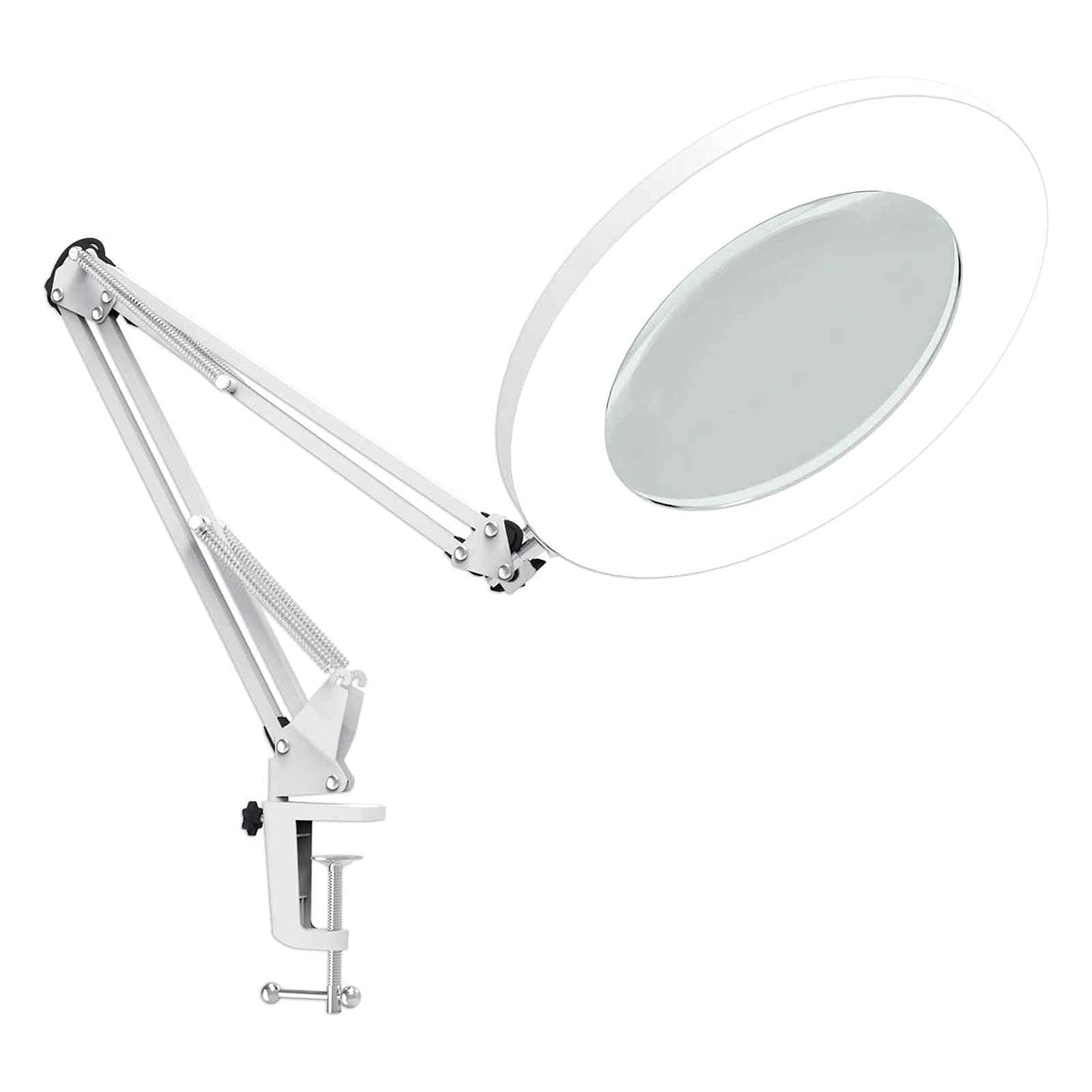 Boddenly Adjustable 360° Swivel Magnifying Arm with Clamp - 5X Magnification LED Lighted Lamp for Reading, Crafts, Jewelry Making - Small Appliances for Home & Office (White)