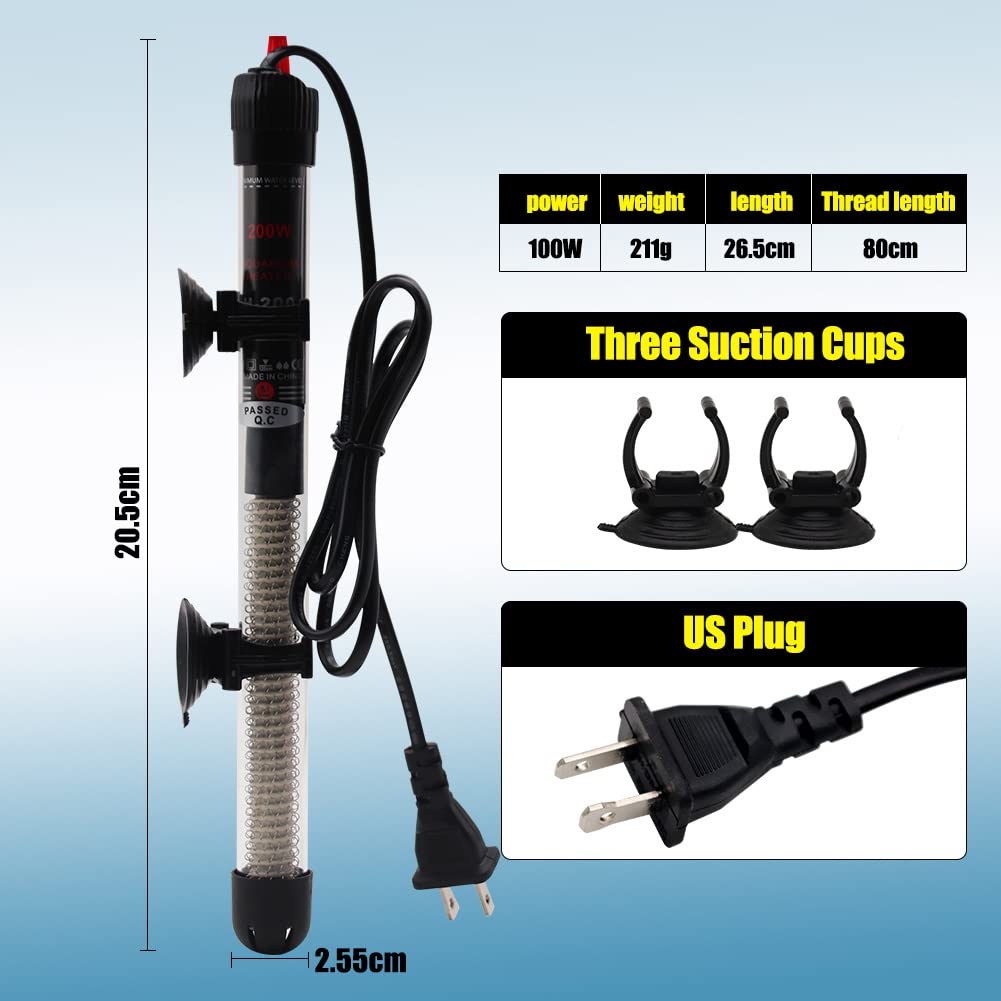 25W-300W Auto Submersible Aquarium Heater with Thermostat & Thermometer Sticker - Fish Tank Heater for Freshwater/Saltwater Tanks - Perfect for Tropical Fish, Betta, Goldfish & Marine Aquariums