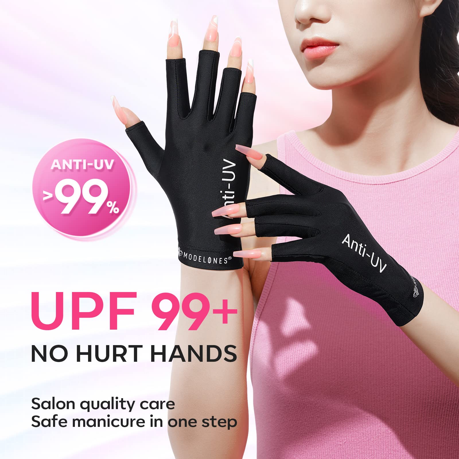 Modelones Professional UPF99+ UV Protection Gloves & Rhinestone Nail Glue Kit - No Wipe Gem Glue, Super Strong Adhesive Gel with Nail Charms & Dual-Use Brush for Nail Art, DIY Manicures at Home or Salon
