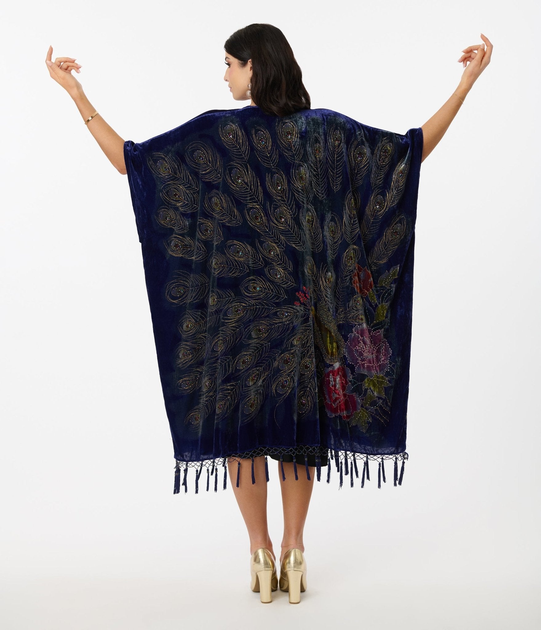 1920s Vintage Deep Blue Velvet Beaded Peacock Fringe Scarf Coat - Roaring 20s Gatsby Flapper Dress Accessory for Costume Parties & Burlesque Shows