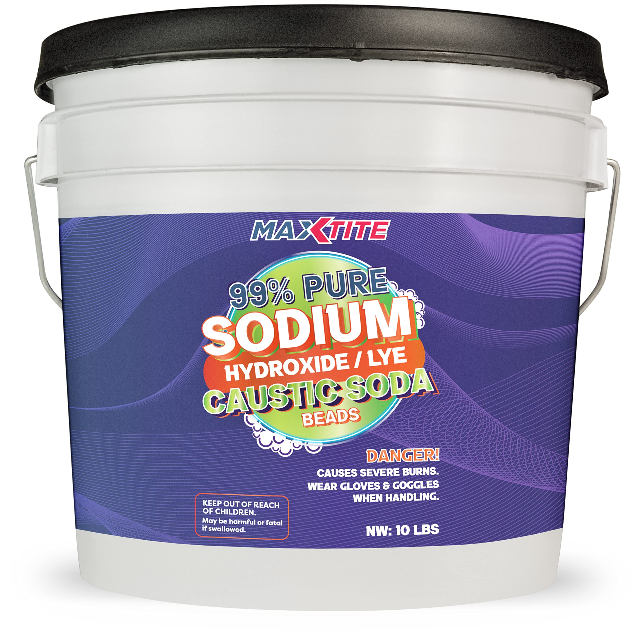 99% Pure Sodium Hydroxide (Caustic Soda Beads) - 10lbs Food Grade Lye for Drain Cleaning, Soap Making & Pretzel Production - Resealable Pail with Easy-Open Lid - Ideal for Home, Commercial & Industrial Use