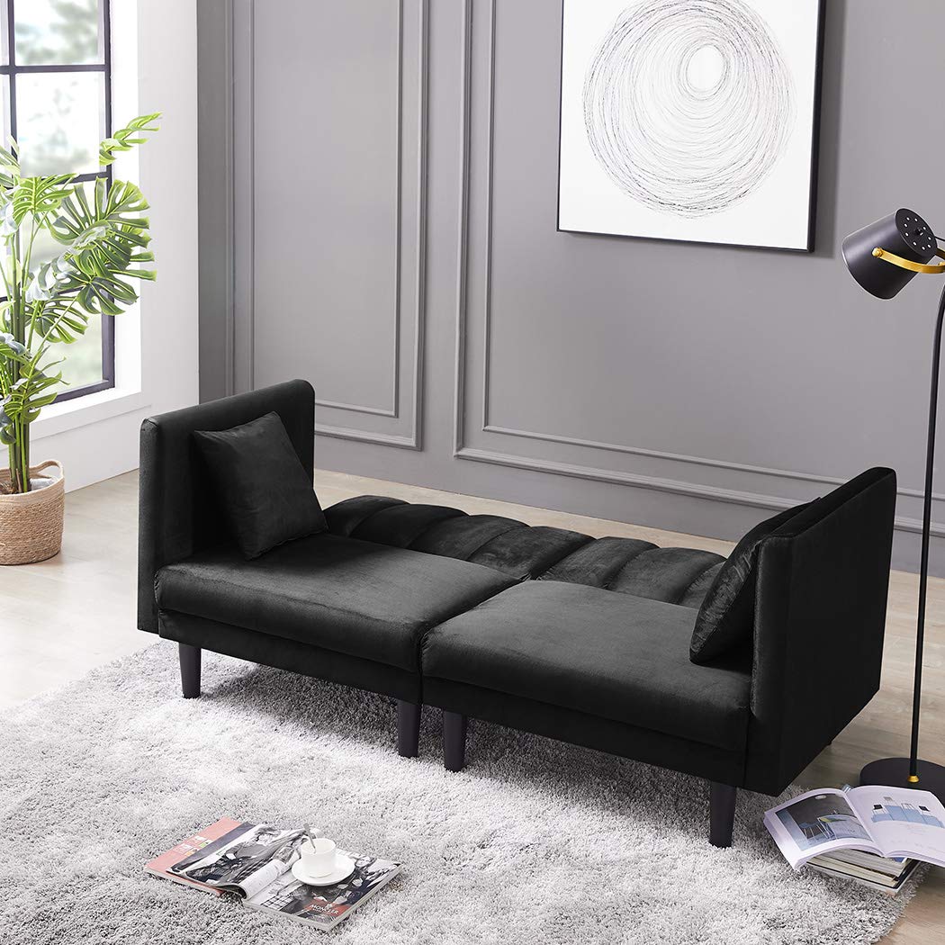 SLEERWAY Velvet Futon Sofa Bed with 2 Pillows - 3-Position Adjustable Modern Sleeper Sofa - Convertible Small Loveseat for Living Room, Apartment, Dorm - Soft Black Velvet Fabric - Perfect for Guest Bed, Lounge & Small Spaces