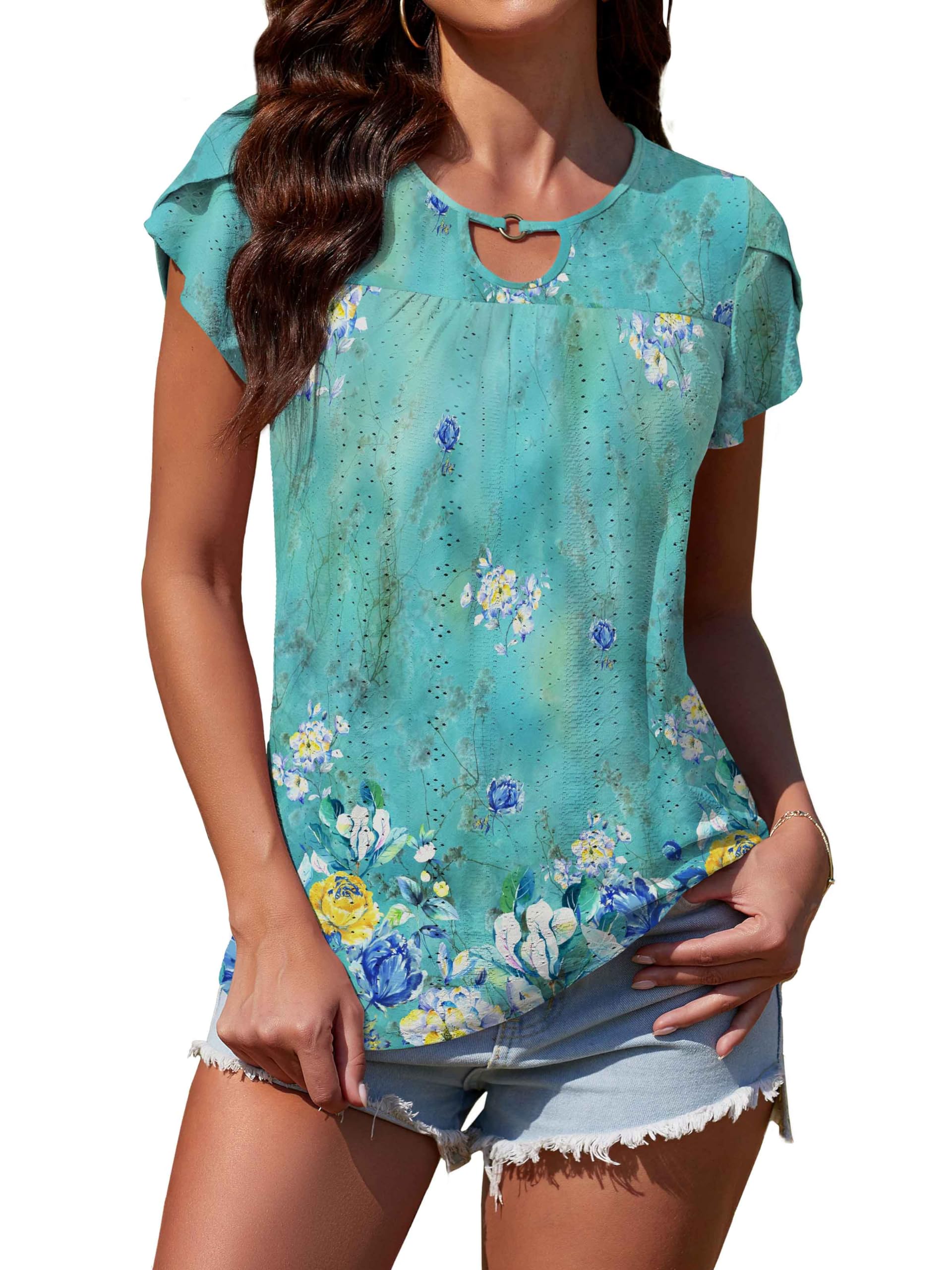 Neineiwu Women's Casual Short Sleeve Blouse with Petal Sleeves & Pleated Design - Perfect for Office Wear, Date Nights & Summer Outfits