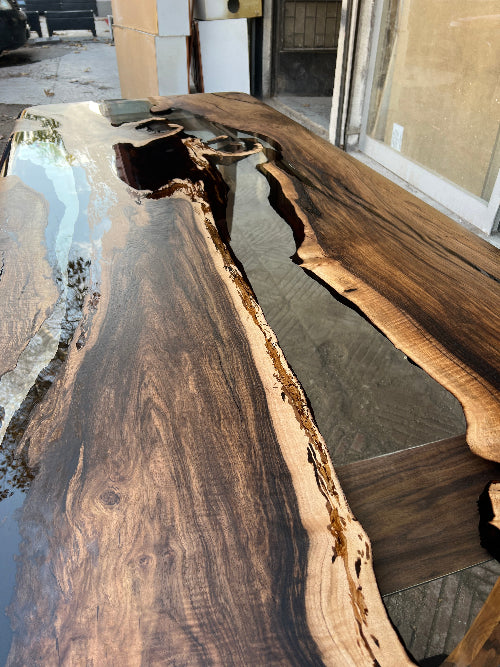 Epoxy Resin River Dining Table with Premium Walnut Wood Legs - Perfect for Modern Home Dining Room, Kitchen, and Office Spaces