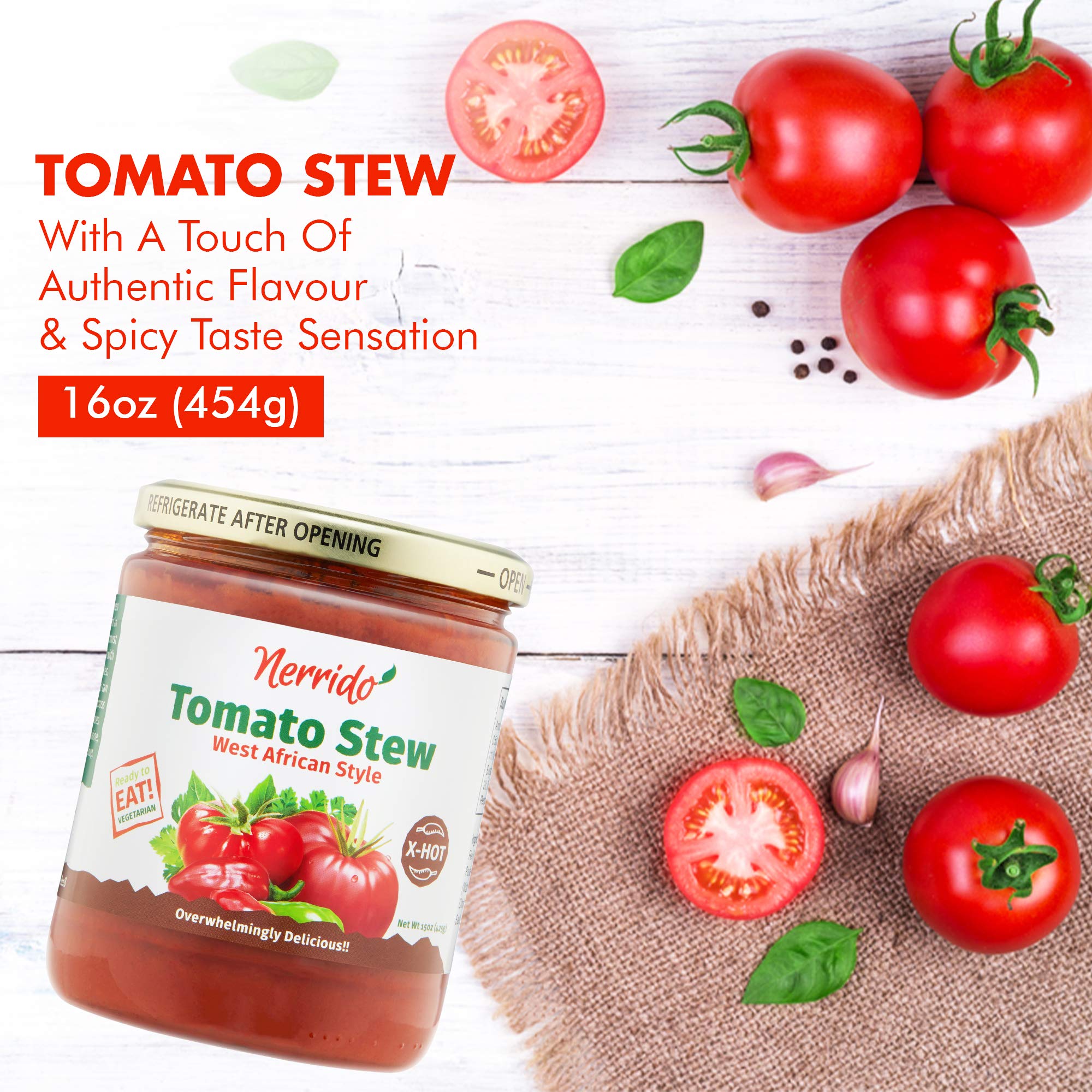 Nerrido African Style X-Hot Canned Tomato Stew & Jollof Rice Sauce - Spicy Pasta Sauce with Vegetables & Authentic Spices - 16oz (454g) 4-Pack - Perfect for Jollof Rice, Stews, Pasta & African Cuisine