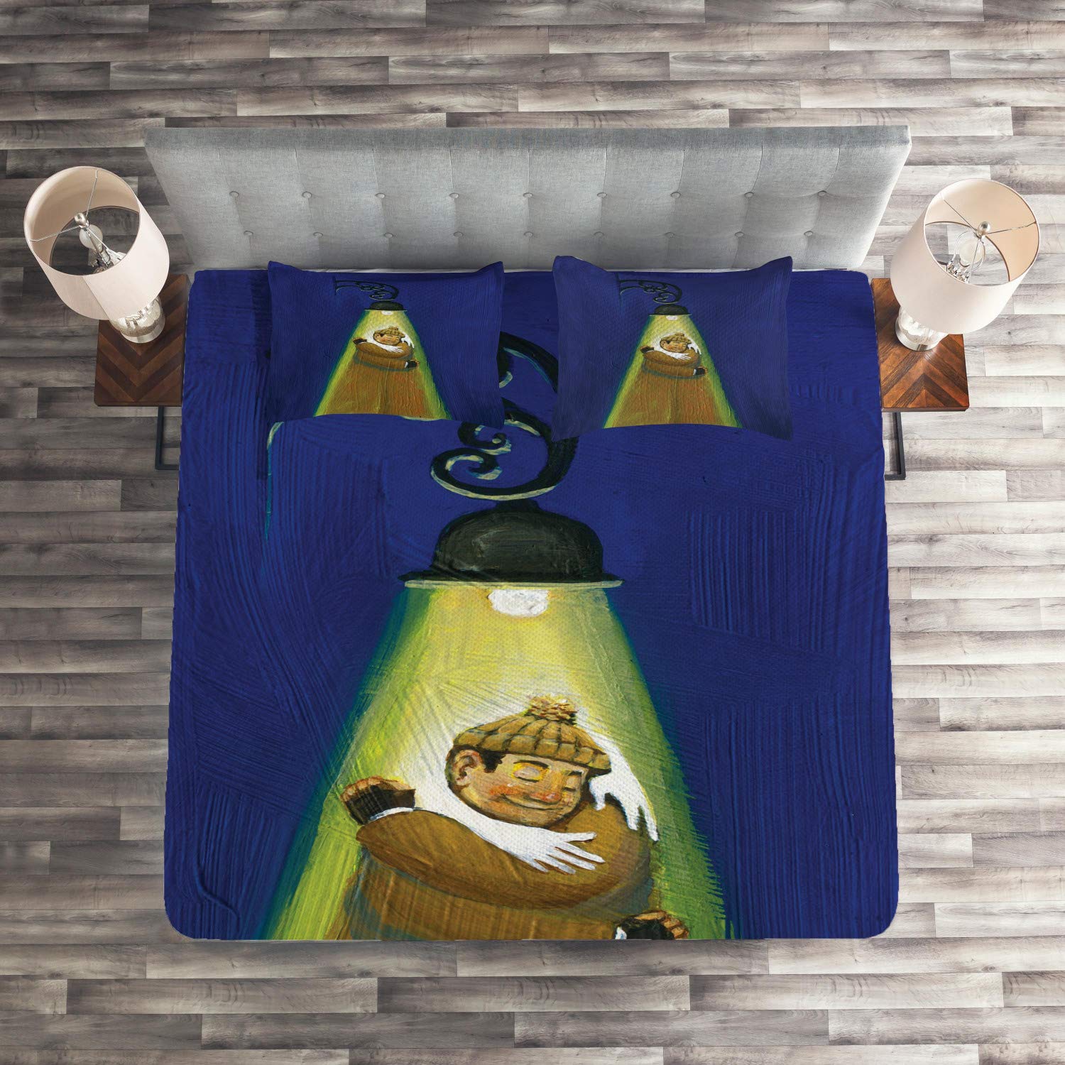 Ambesonne Abstract Surreal 3-Piece Quilted Bedspread Set with 2 Pillow Shams, King Size - Night Blue Fawn Khaki Caramel - Unique Metaphorical Print of Lamb Embracing Itself | Perfect for Modern Bedroom Decor, Guest Room Styling & Cozy Home Makeover