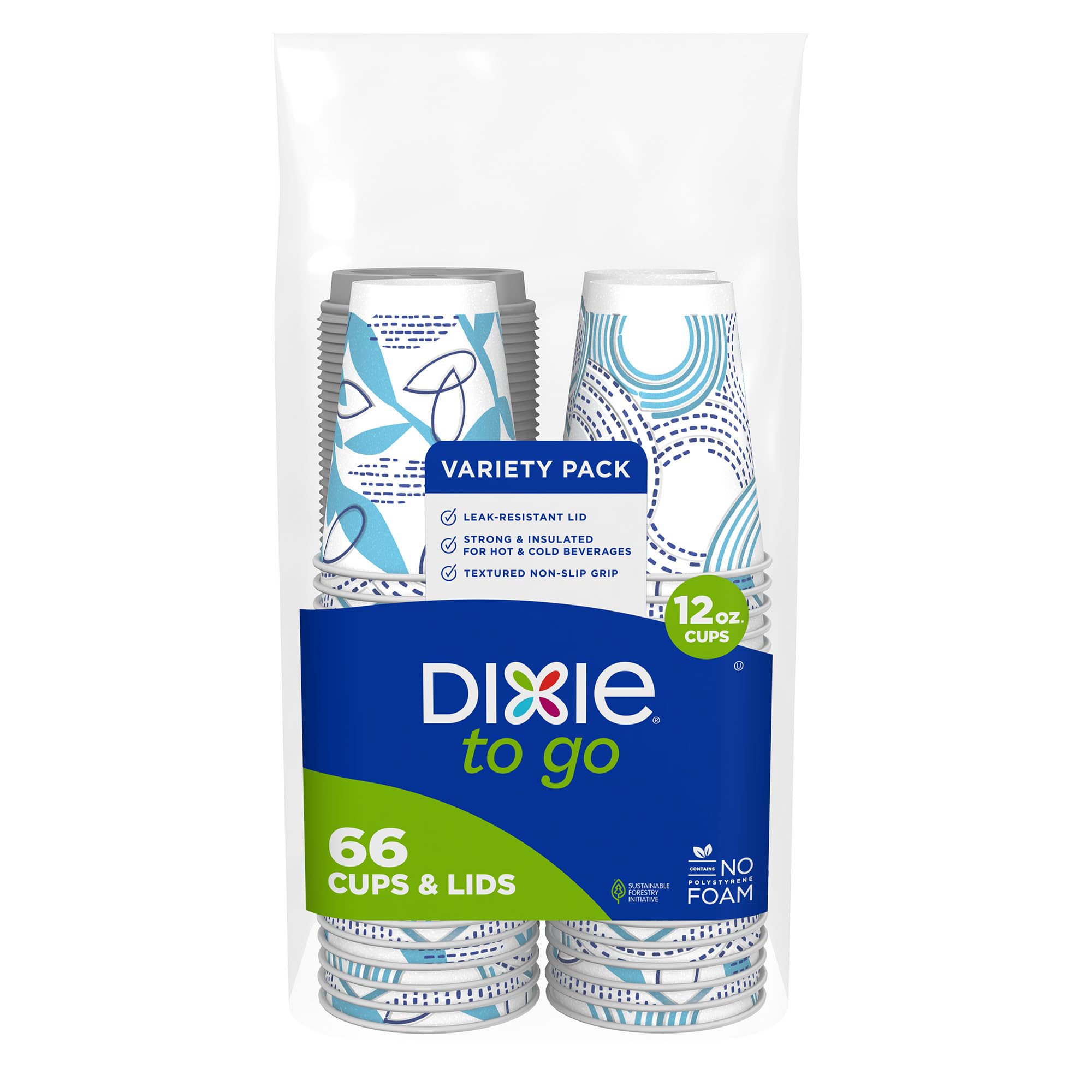 Dixie To Go Medium 12 Oz Paper Coffee Cups with Lids - 66 Count Disposable Hot Drink Cups for Coffee, Tea & Hot Chocolate - Perfect for Office, Travel & Outdoor Use