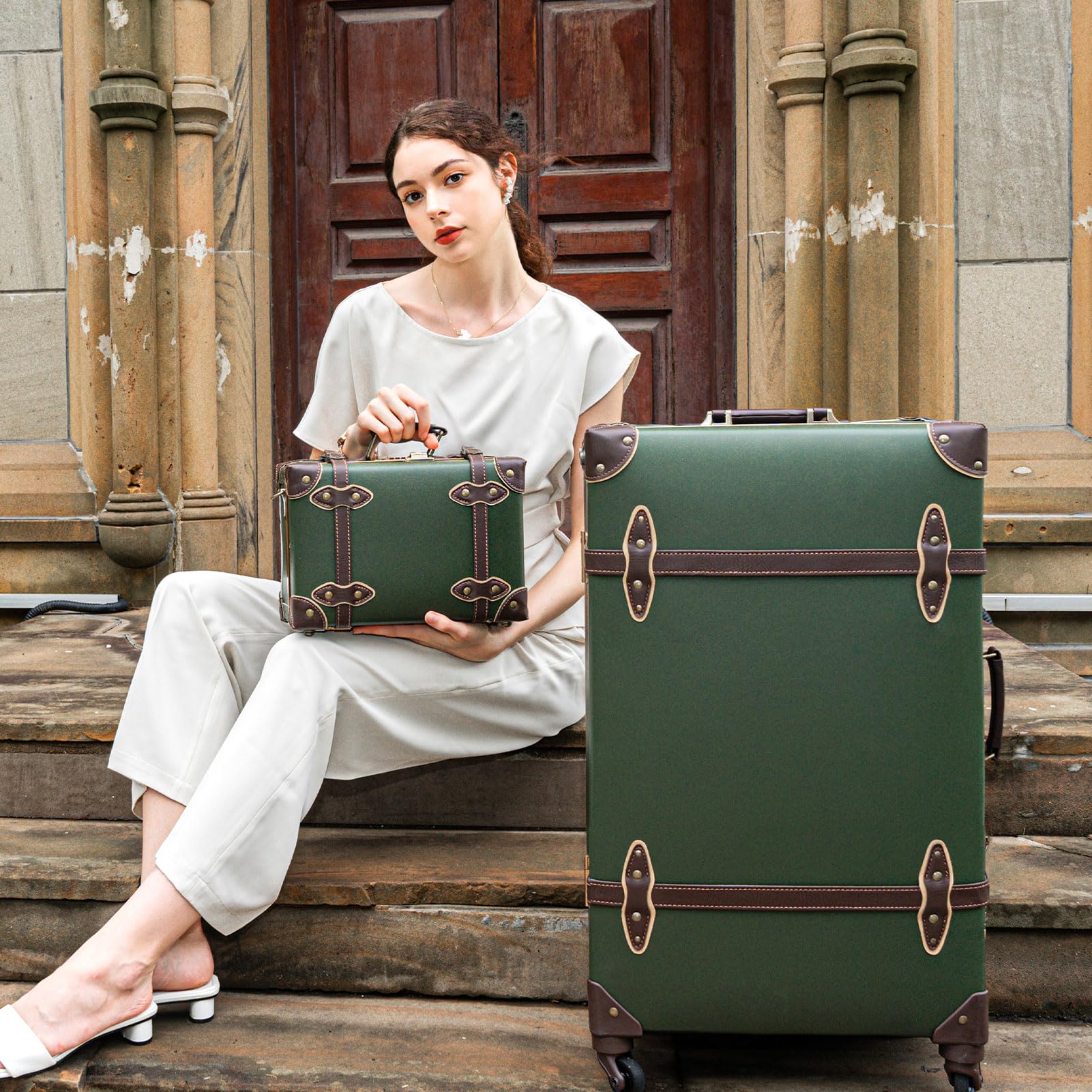 Vintage Suitcase Set for Women - 2 Piece Retro Luggage with Zipperless TSA Approved Design, Army Green (20