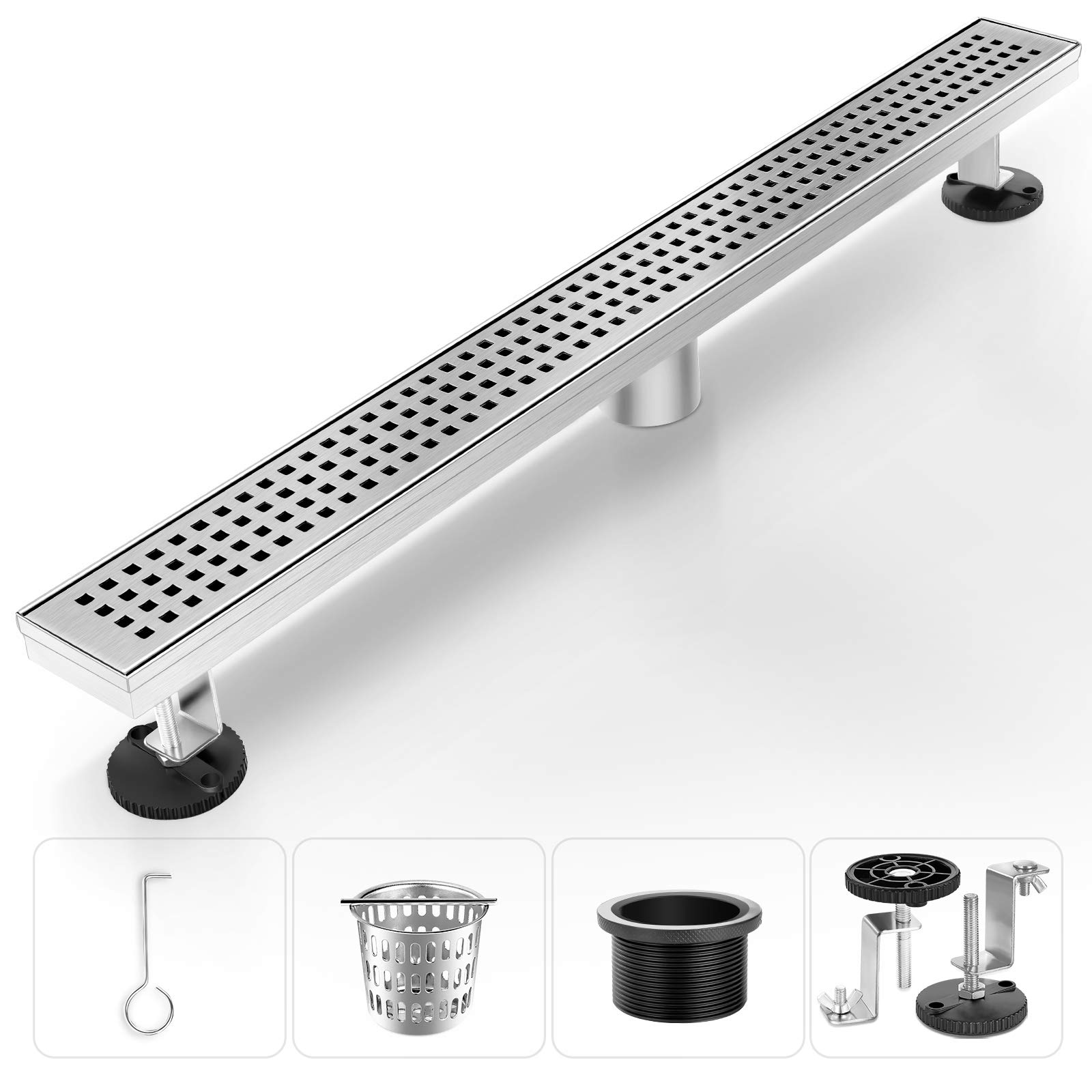 48 Inch Linear Shower Drain - Brushed Nickel 304 Stainless Steel Bathroom Floor Drain with Removable Grate | Modern Waterproof Design for Walk-in Showers & Wet Rooms | Easy Installation & Low Maintenance
