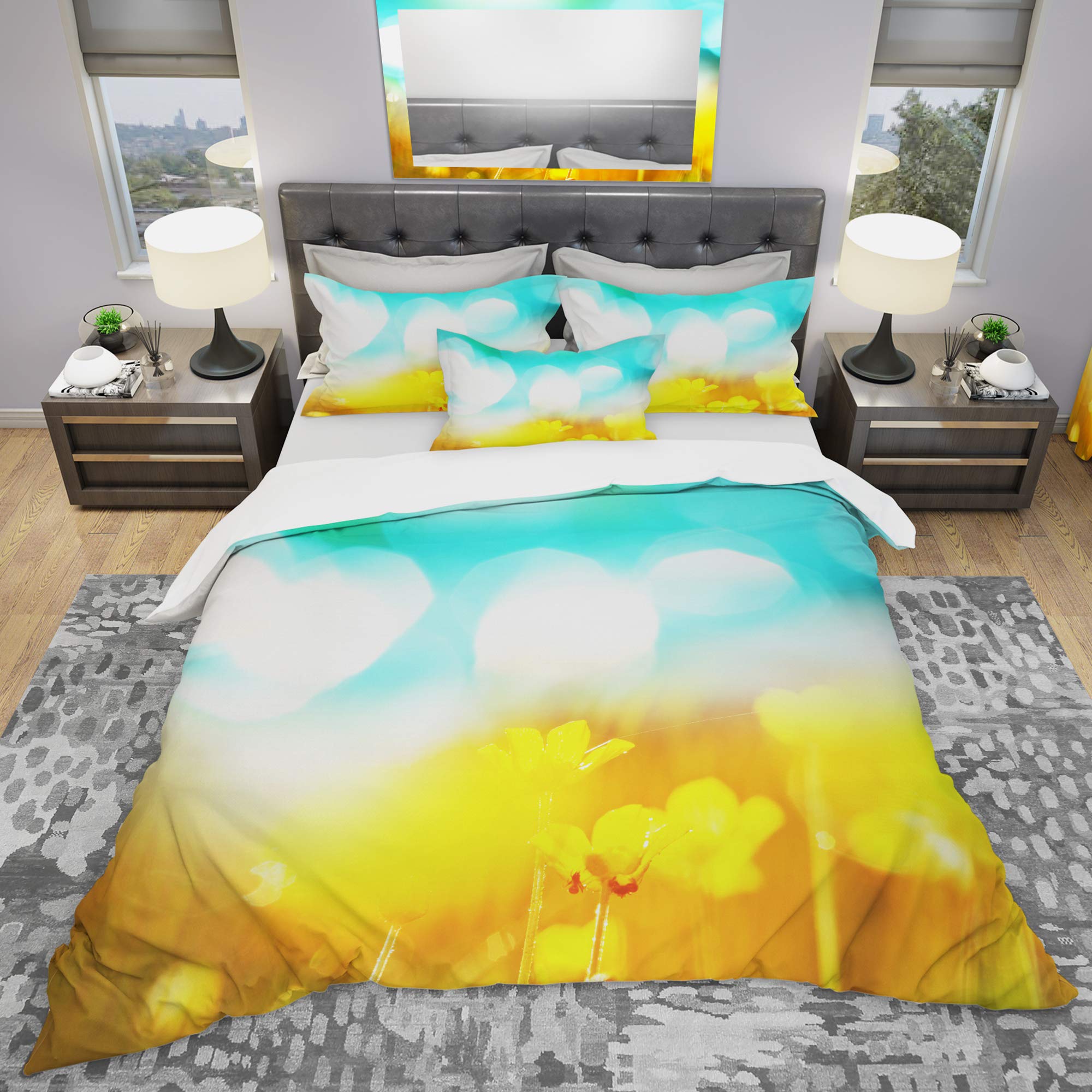 DesignQ Nautical & Coastal Duvet Cover Set - King Size 3-Piece Floral Bedding with Yellow Flowers on Blue Background, All-Season Comfort for Beach House, Guest Room & Master Bedroom Decor